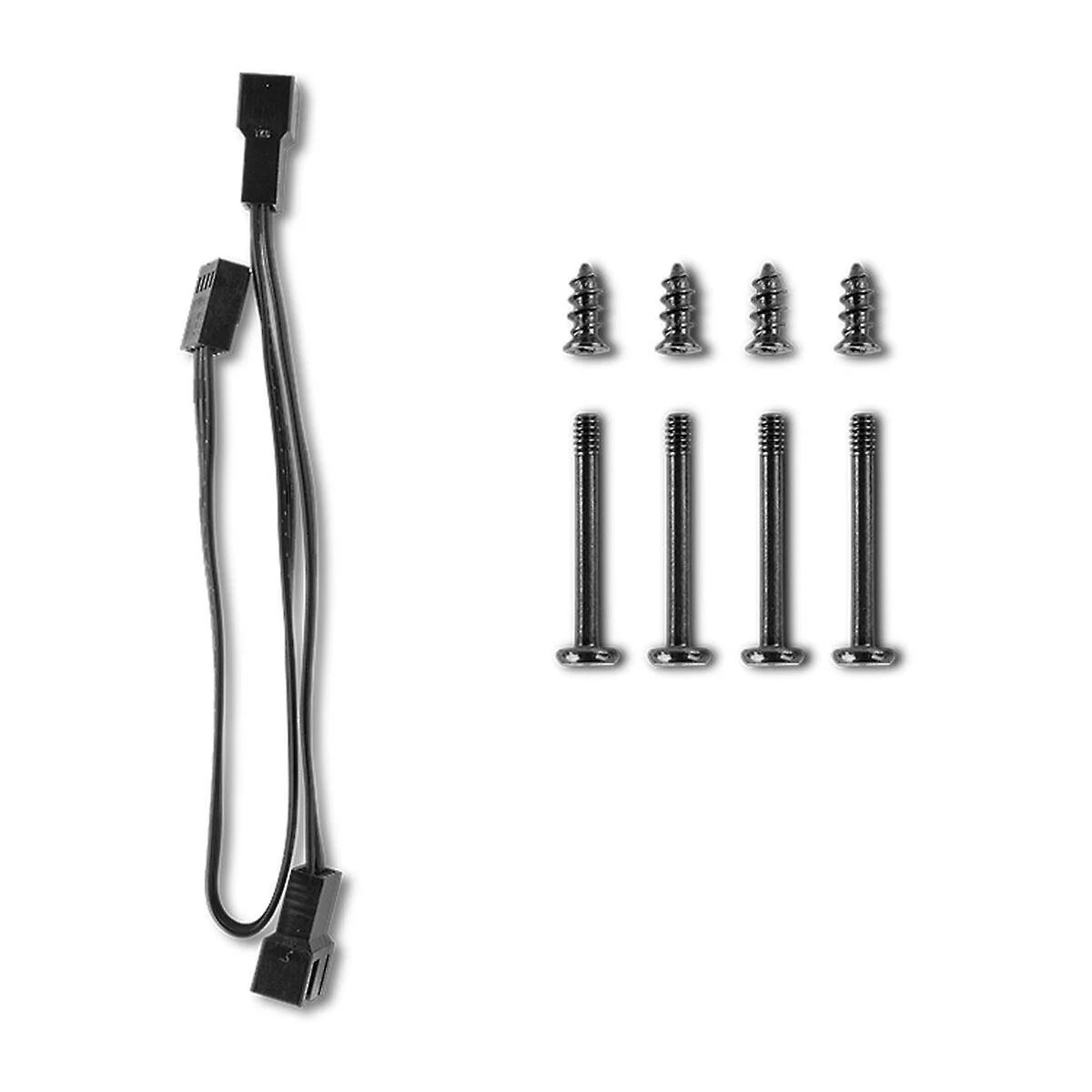 Cables y tornillos negros para ventilador sobre fondo blanco. Componentes PC.