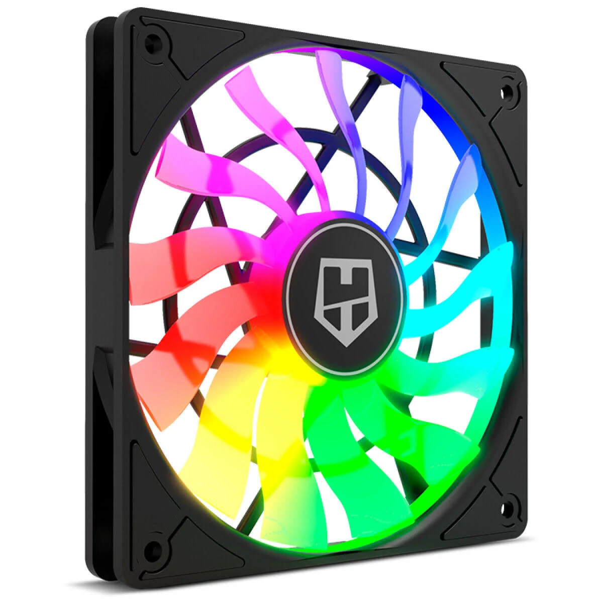 Ventilador PC con aspas arcoíris y marco negro. El logotipo está en el centro.