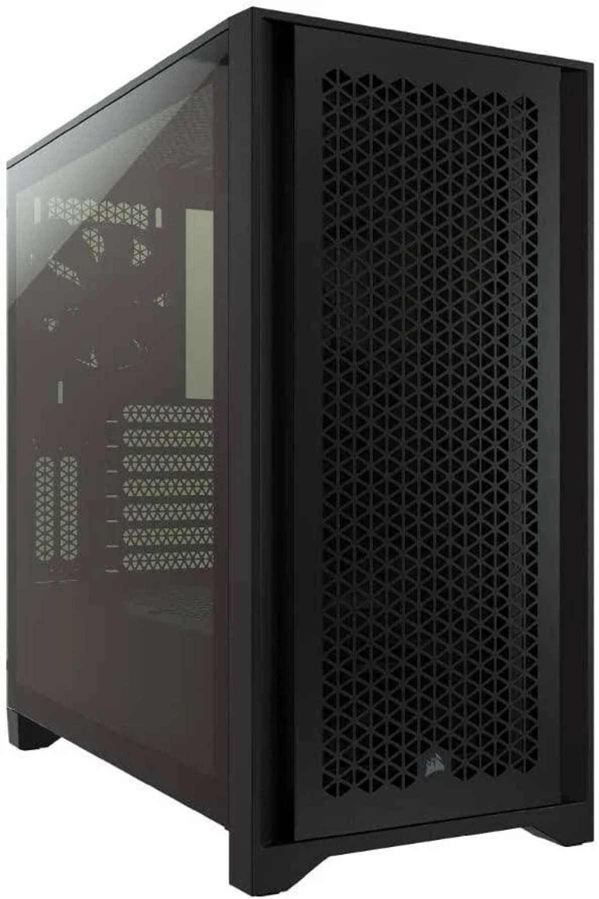 Case per computer nero con un pannello laterale in vetro che mostra i componenti interni. Si trova su uno sfondo bianco.