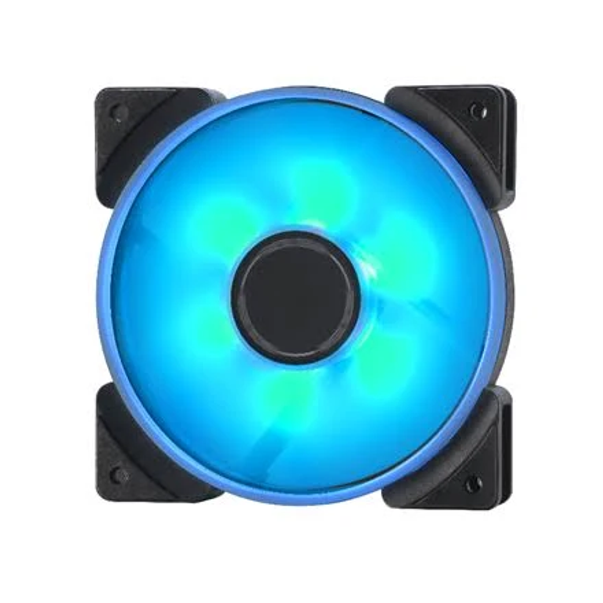 Una ventola per PC con bagliore blu. Ha una cornice nera.
