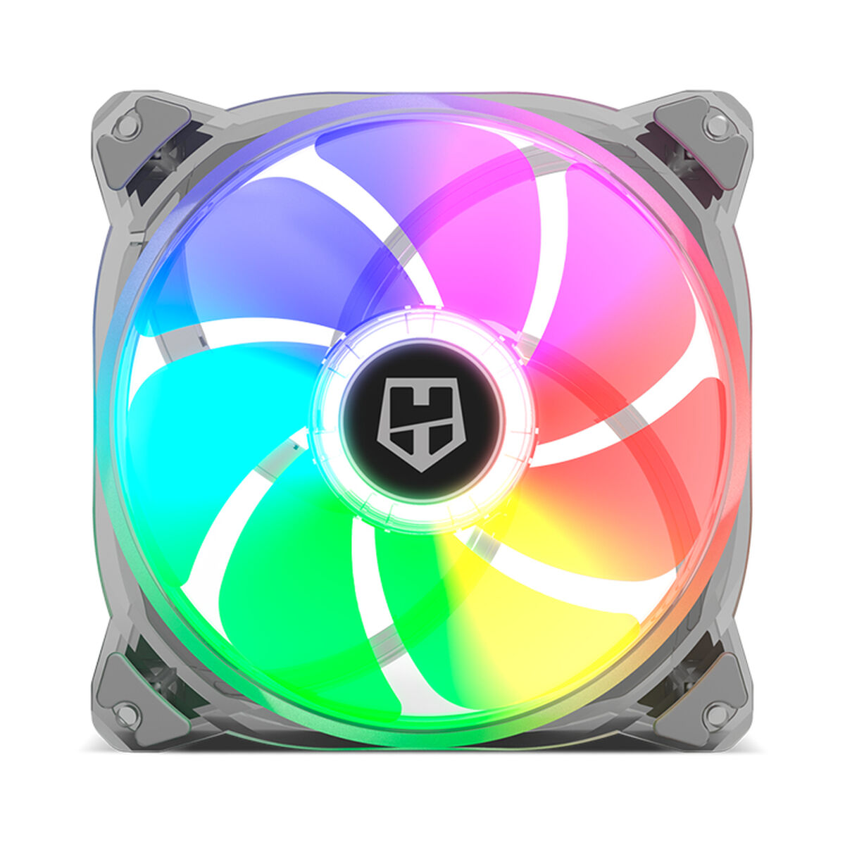 Ventilador de computadora con LEDs multicolores. Forma circular, marco gris, centro negro con logo.