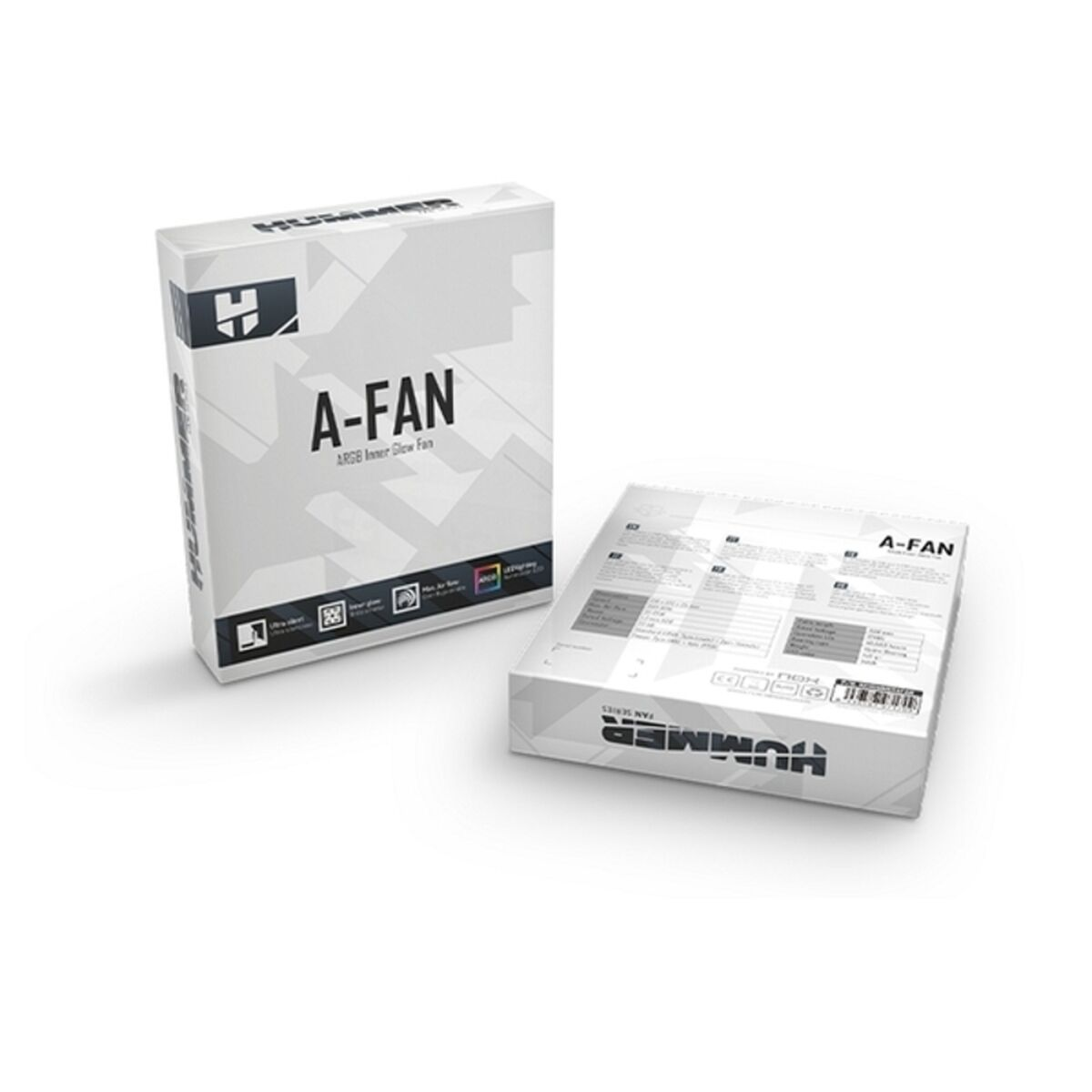 Dwa białe pudełka z tekstem. Jedno to A-FAN ARGB Inner Glow Fan. Drugie ma tekst i kod kreskowy.