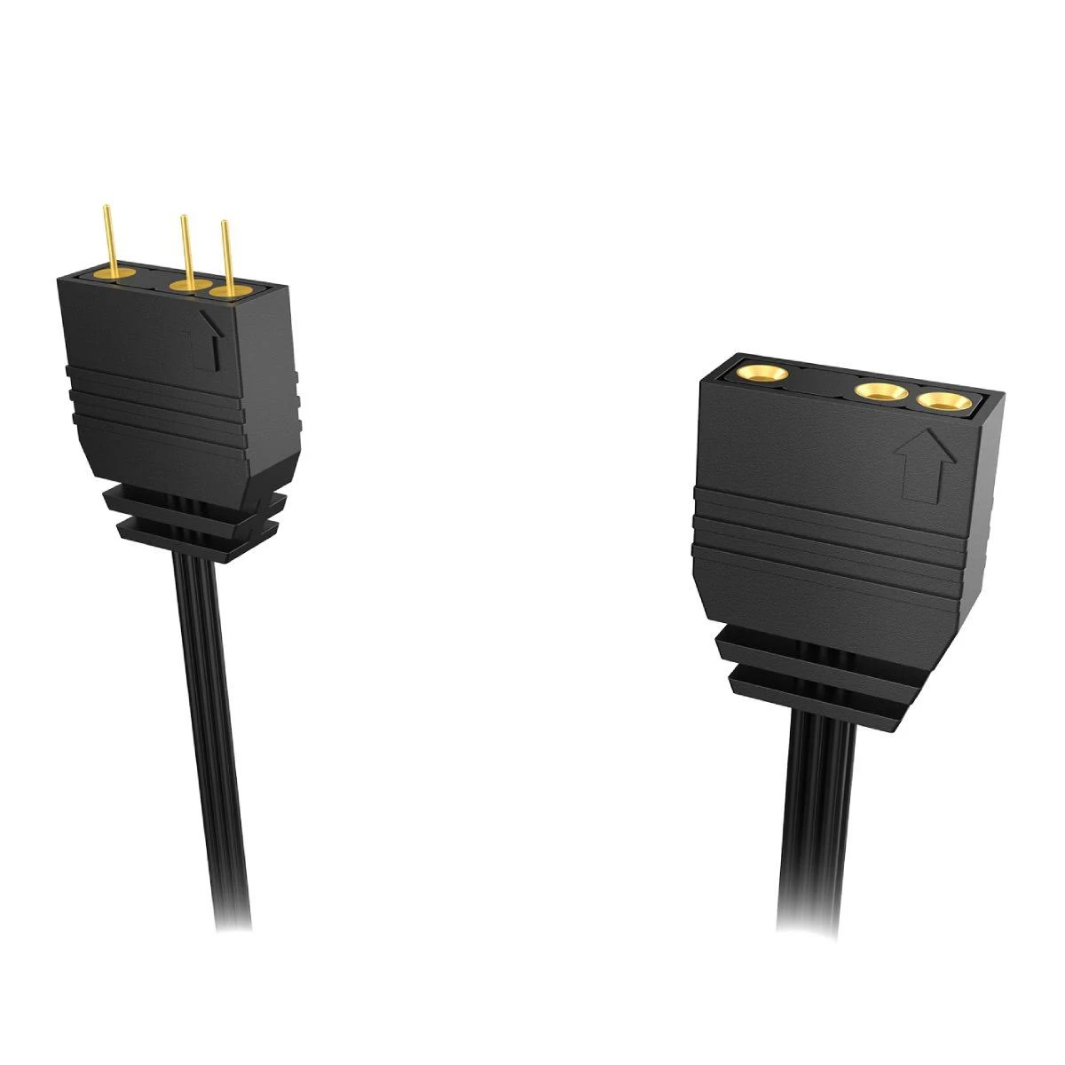 Dwa czarne plastikowe złącza ze złotymi pinami, połączone czarnym kablem.