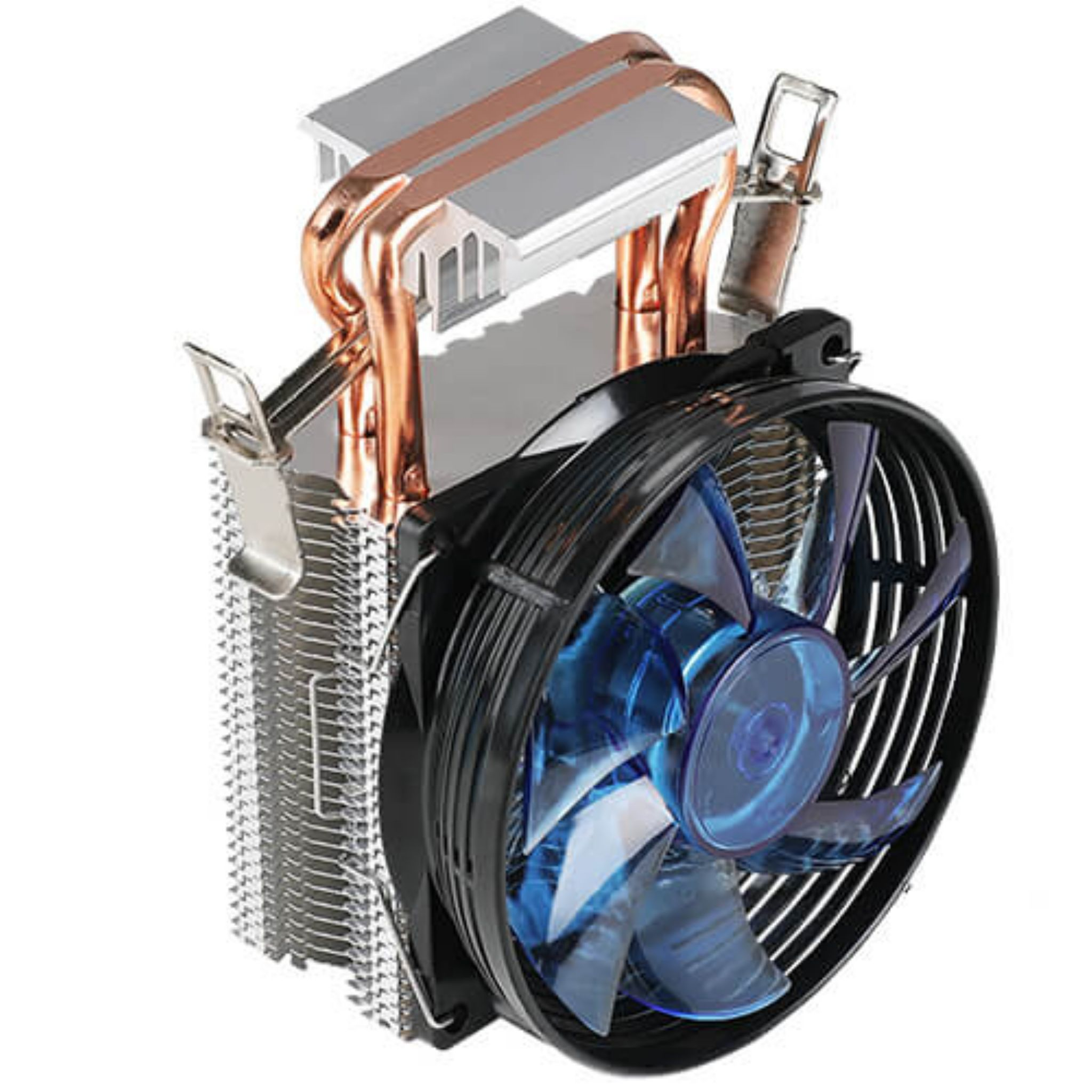 Chłodnica CPU z niebieskim wentylatorem, miedzianymi rurkami i srebrnym radiatorem.