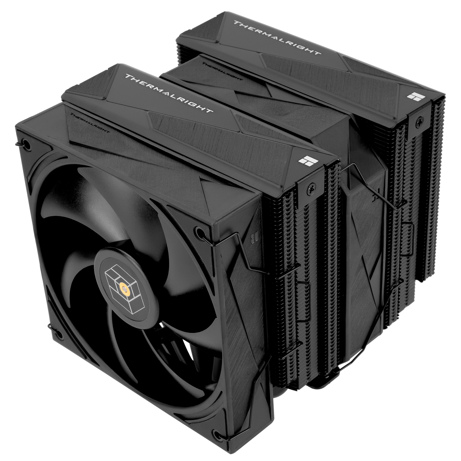Schwarzer Computerlüfter mit schwarzen Flügeln und Kühlkörpern.