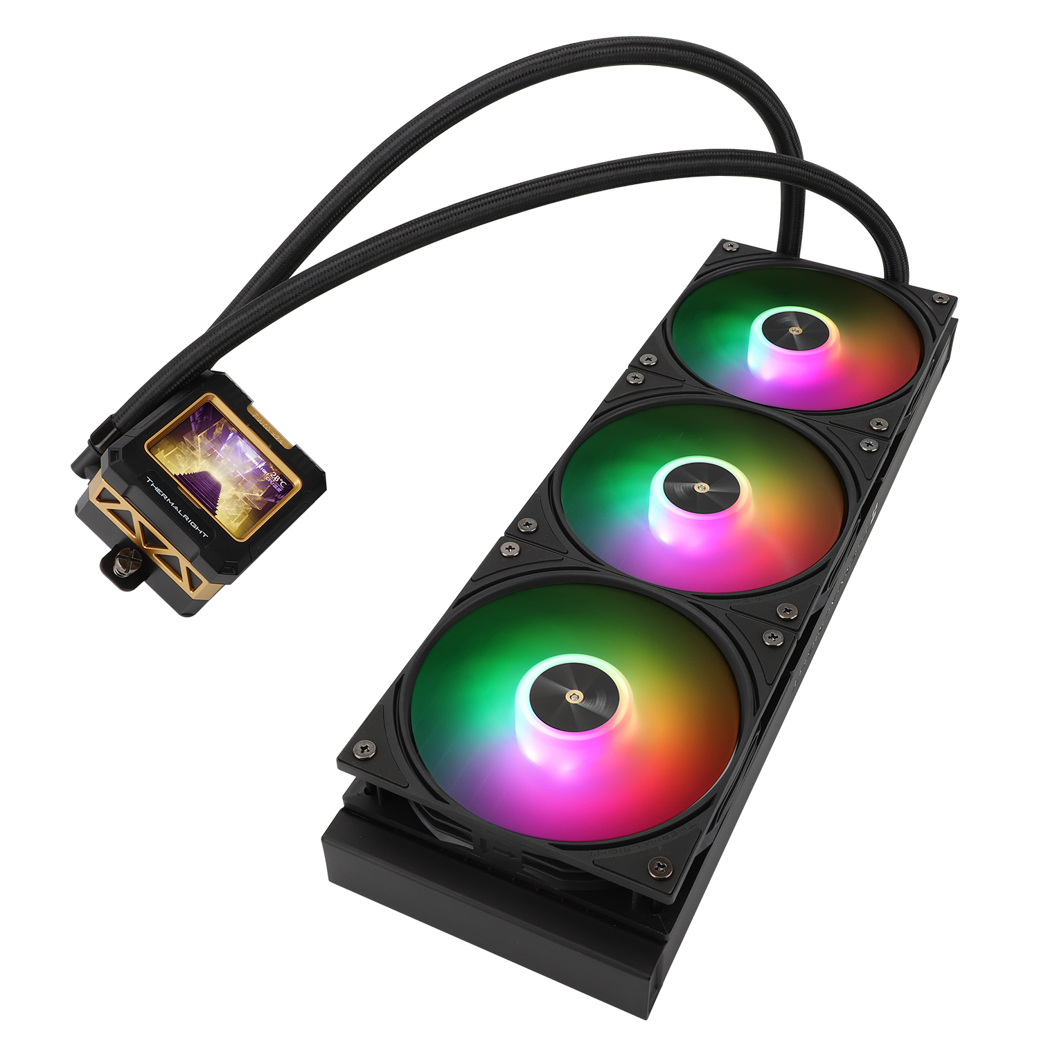 CPU-Wasserkühler mit drei Lüftern. Jeder Lüfter hat ein farbenfrohes, leuchtendes Licht. Schwarze Schläuche verbinden.