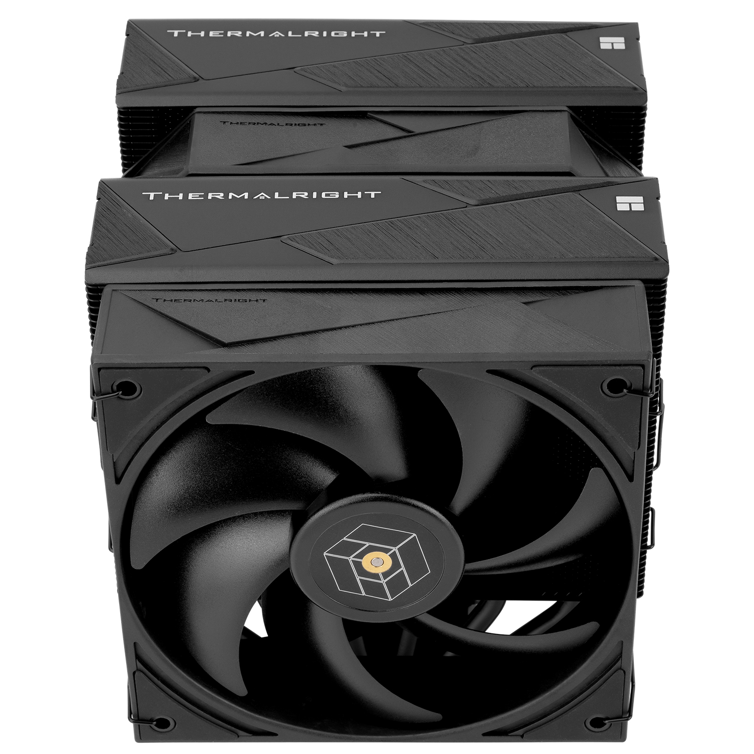Schwarzer CPU-Kühler mit Lüfter. Draufsicht. Mehrere Lamellen sichtbar. Markenname ist THERMALRIGHT.