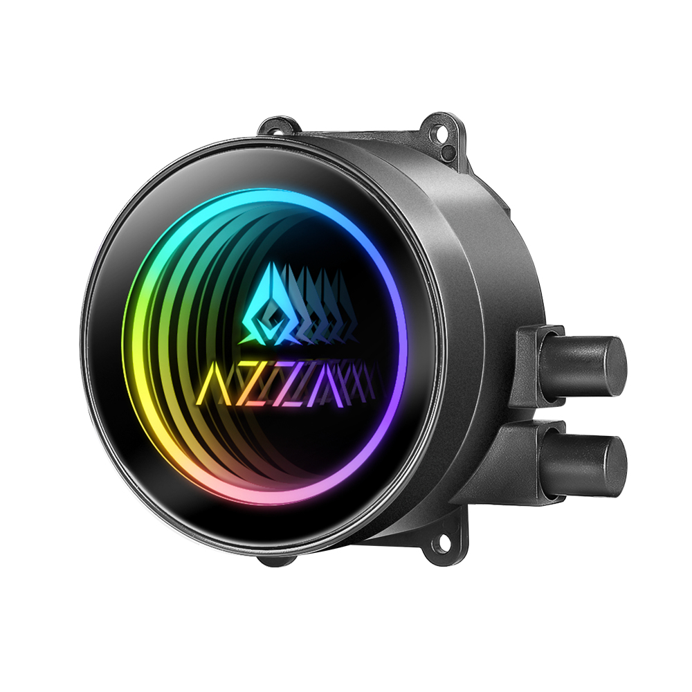 Waterblock CPU nero, design circolare. Effetto luce colorato e brillante. Logo del marchio AZZA.