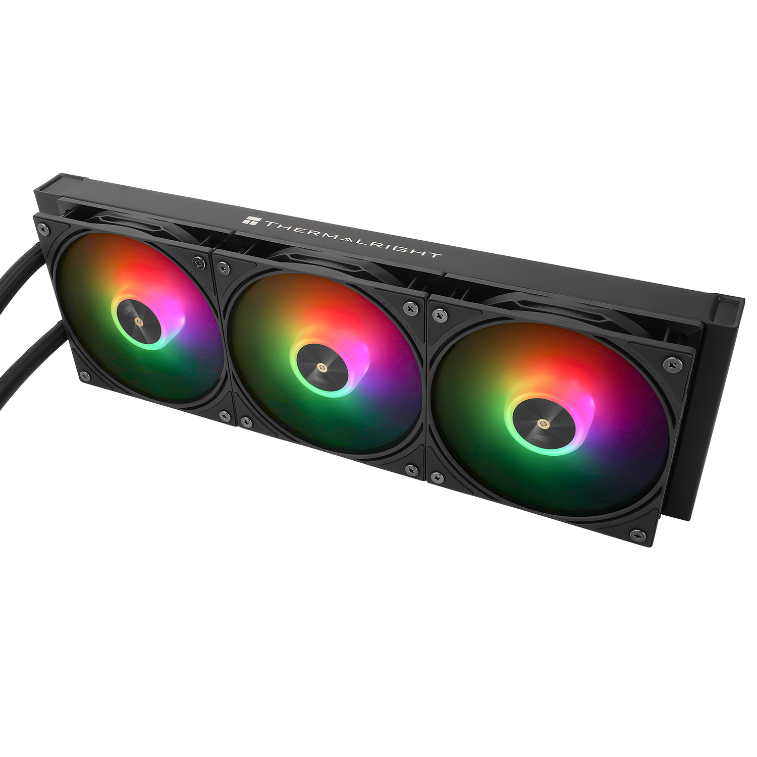 Flüssigkeitskühler mit drei RGB-Lüftern und THERMALRIGHT-Logo auf schwarzem Rahmen.