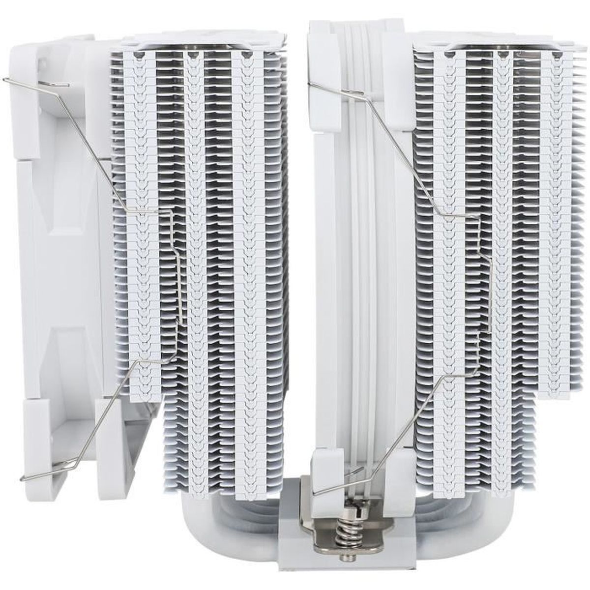 Twee witte CPU-koeltorens met metalen vinnen. Een beugel en veren zijn zichtbaar.