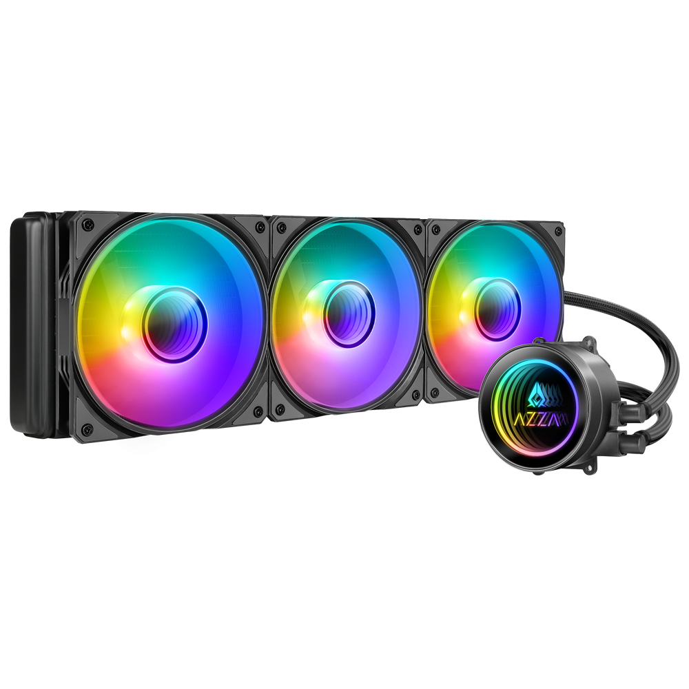 Dissipatore a liquido CPU con tre ventole. Illuminazione RGB su ventole e pompa. Nero e bianco.