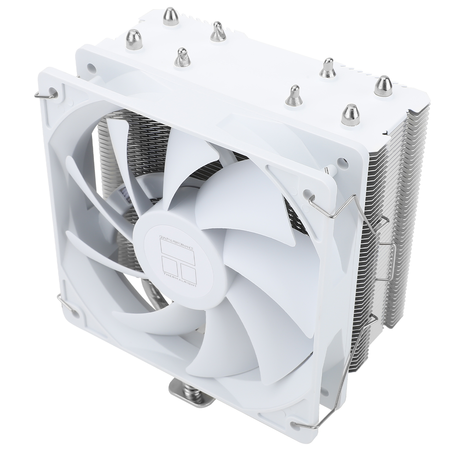 Weißer CPU-Kühler, zwei Lüfter. Silberne Schrauben und ein weißer Rahmen. Weißer Hintergrund.