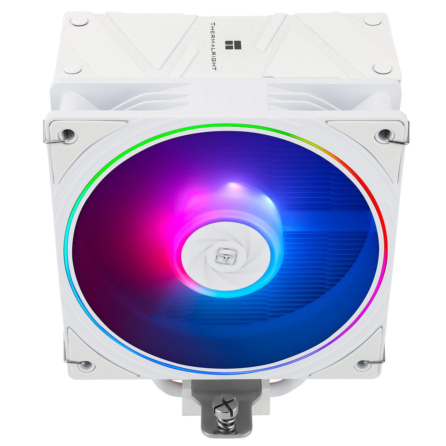 Weißer CPU-Kühler mit einem Lüfter, der einen Regenbogen von Farben zeigt. Auf weißem Hintergrund isoliert.
