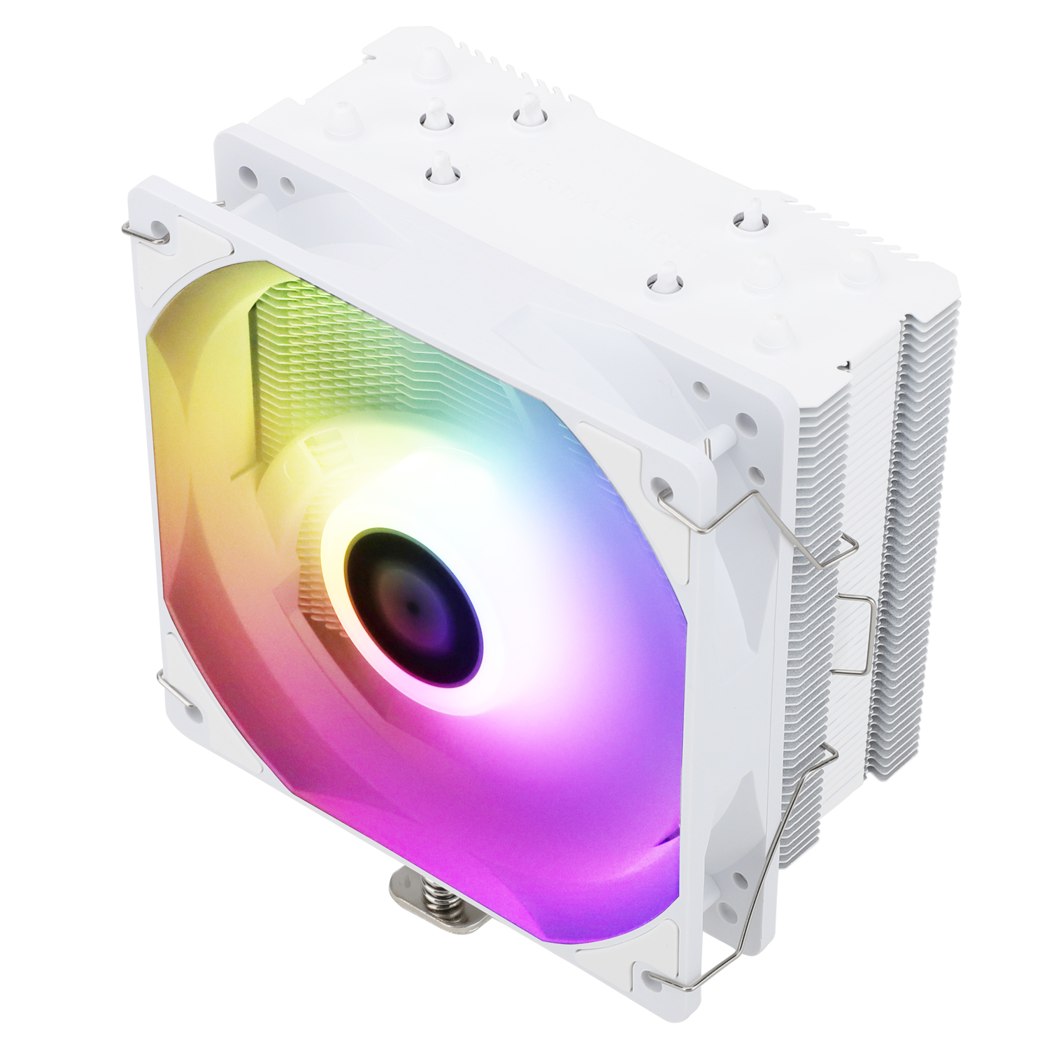 RGB fanlı beyaz CPU soğutucusu. Fan, çok renkli bir ışık gösterisine ve beyaz bir çerçeveye sahip.