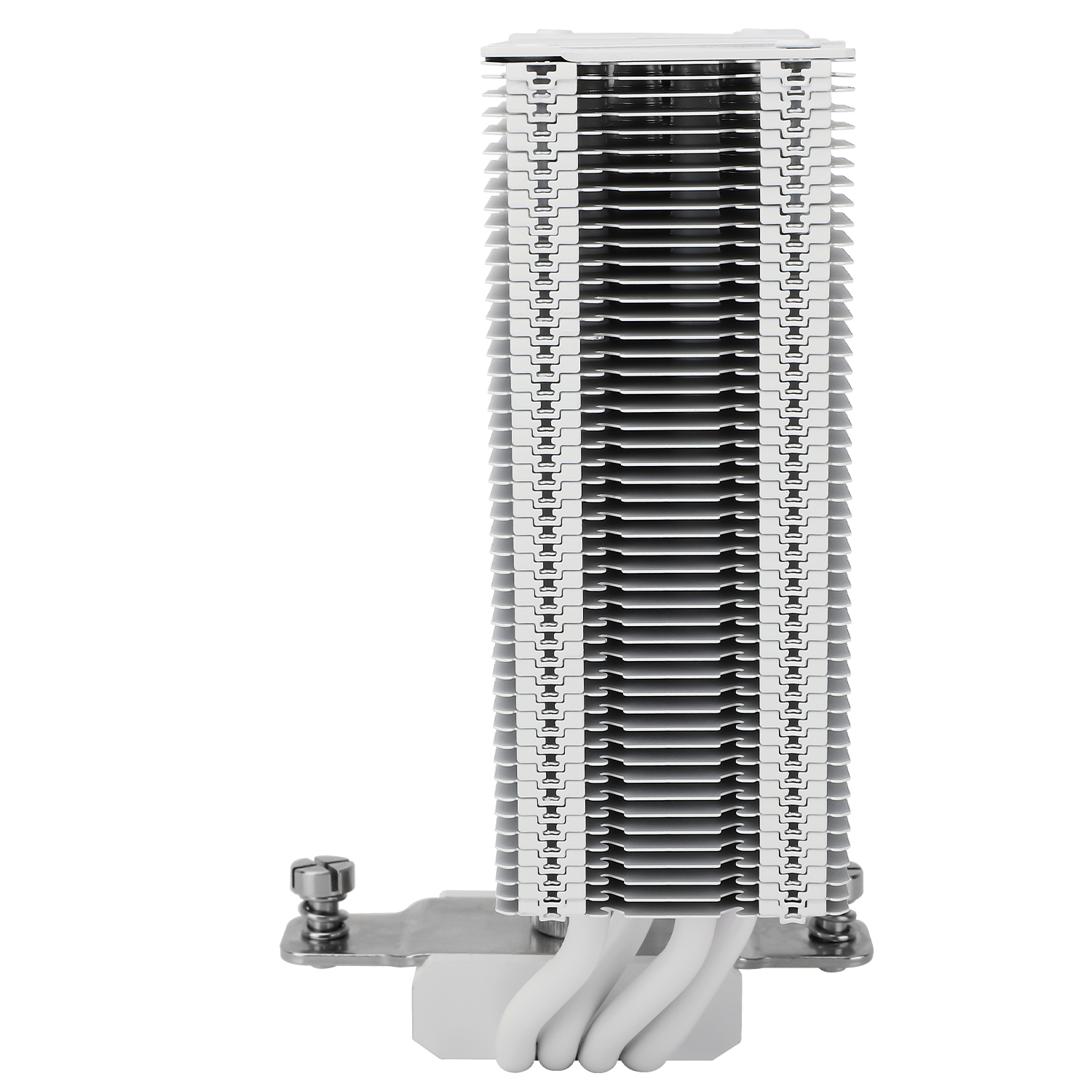 Silberner CPU-Kühler mit weißen Schläuchen und Befestigungsmaterial. Isoliert auf weißem Hintergrund.