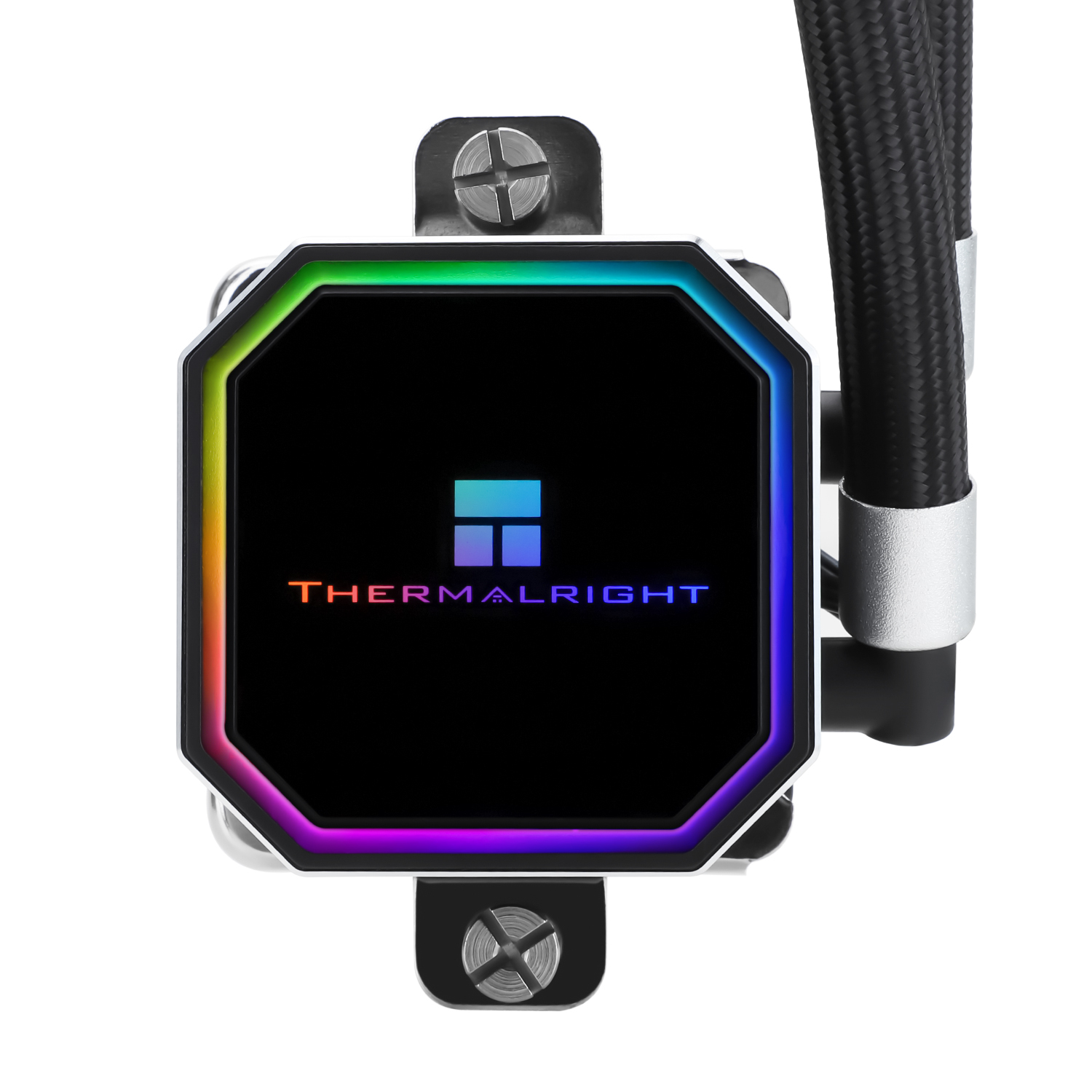 RGB ışık halkasına sahip bir sıvı CPU soğutucusunun yakın çekimi. Soğutucuda bir Thermalright logosu var.
