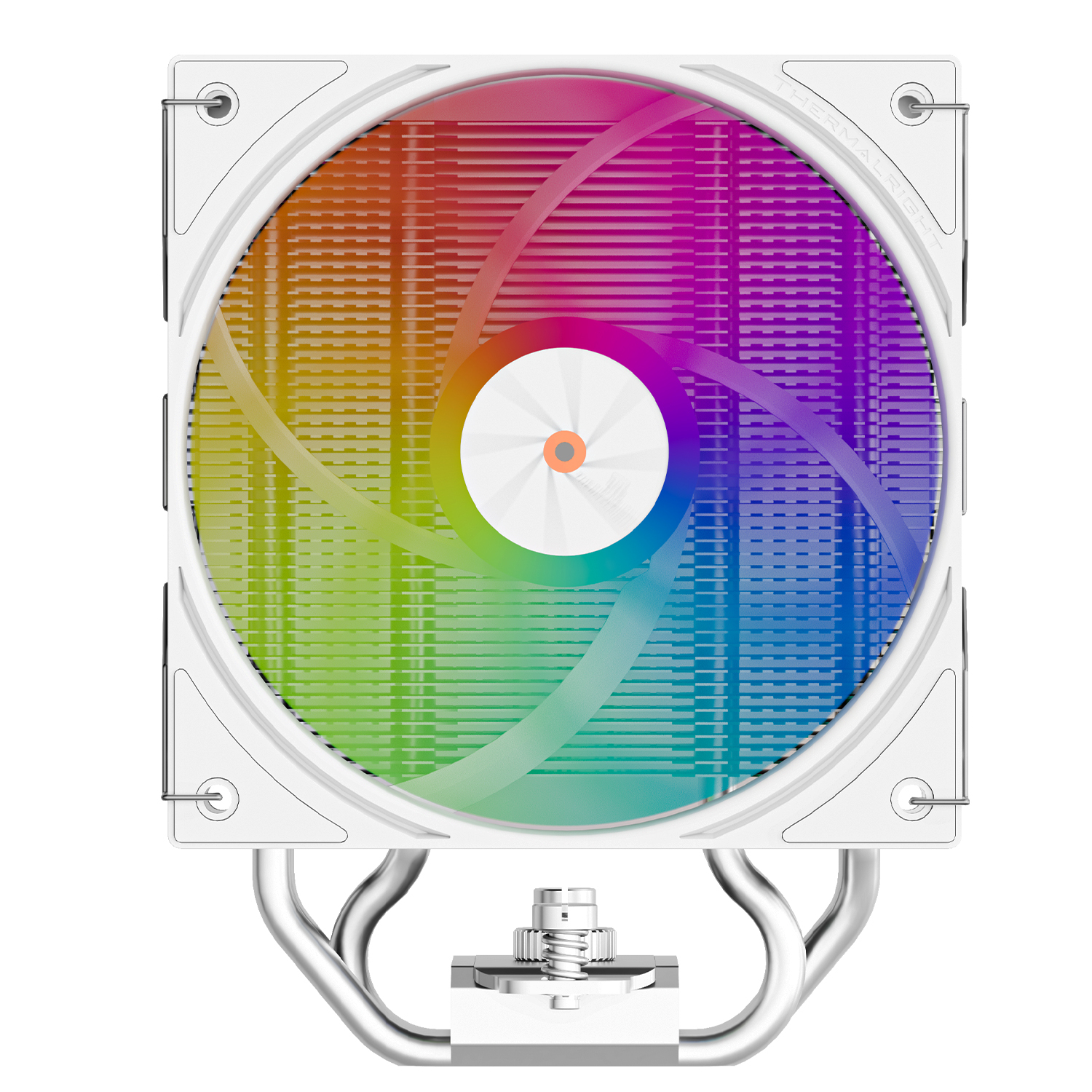 Gökkuşağı fanlı beyaz CPU soğutucu, metal çerçeve. Arka plan beyaz.
