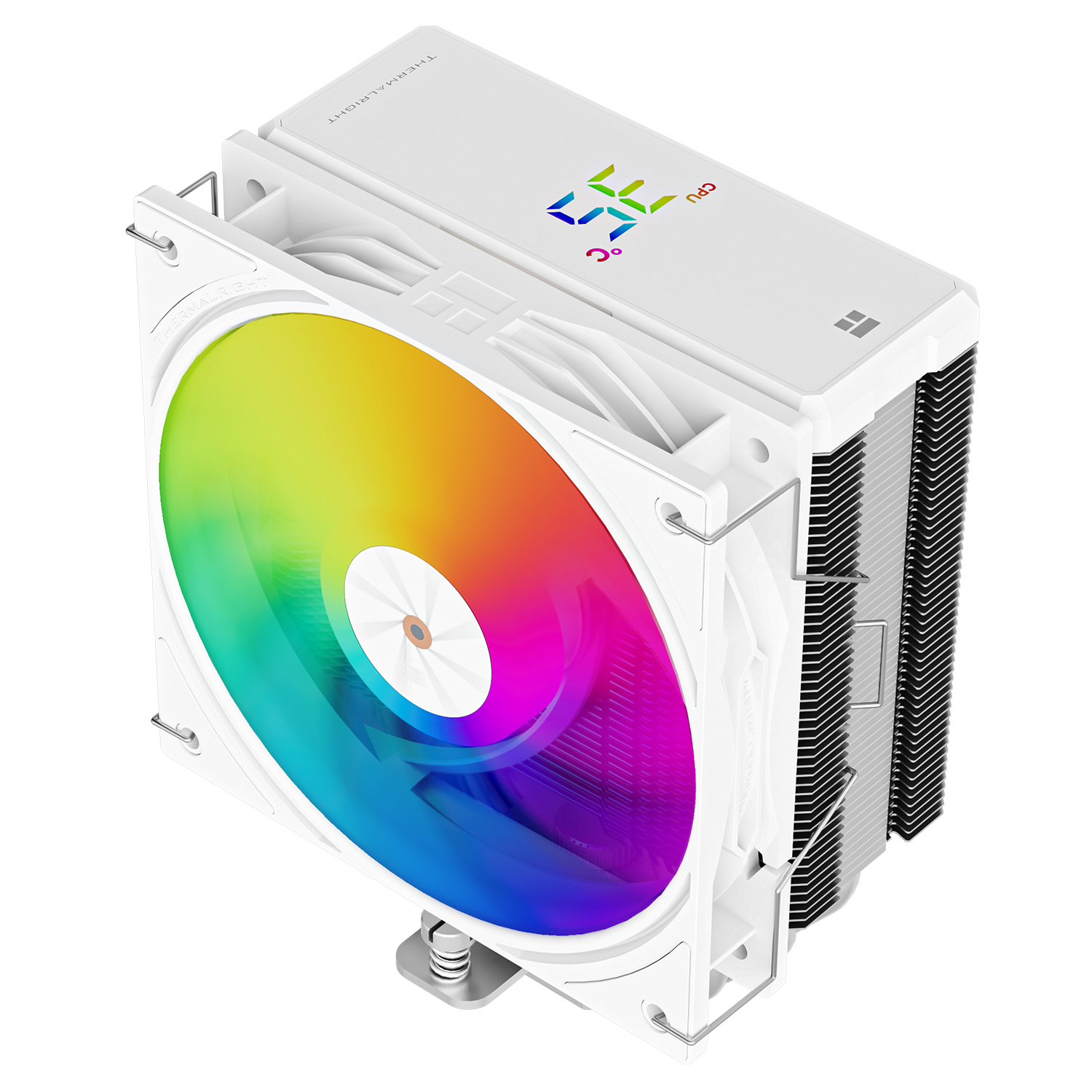 Fanlı CPU soğutucusu, beyaz ve gökkuşağı ışıkları. Gümüş ısı emici. Beyaz arka plan.