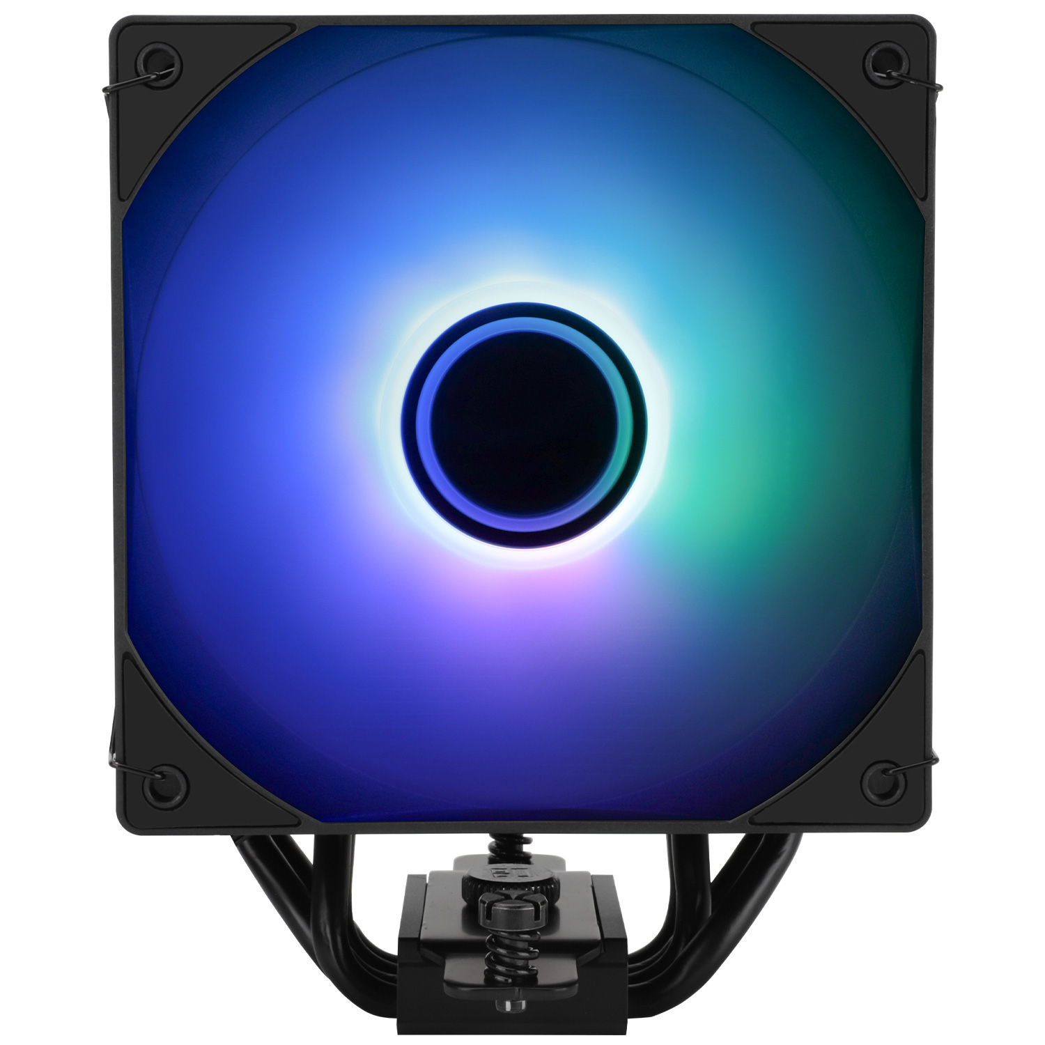Vista superior de un enfriador de CPU con ventilador RGB. El ventilador emite luz azul, verde y morada.