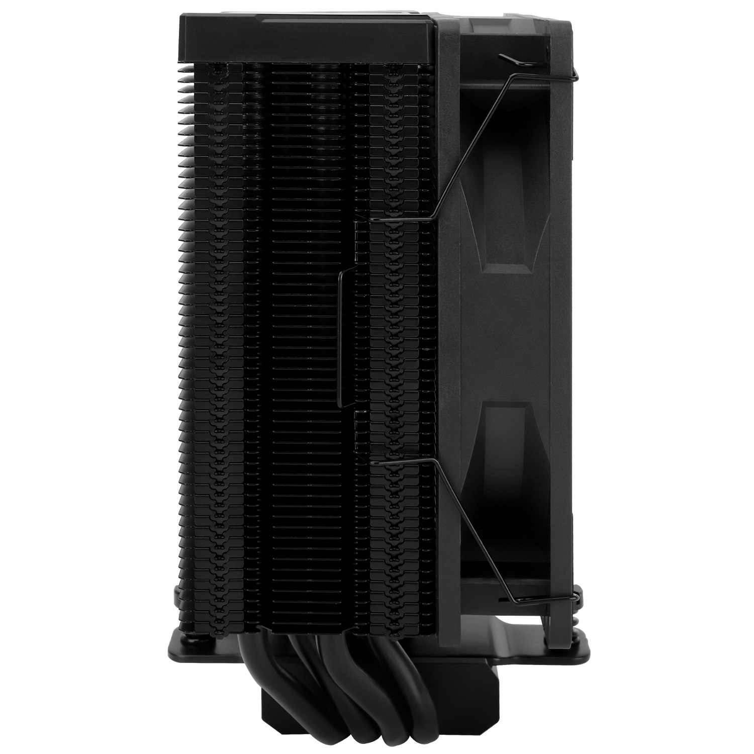 Vista lateral de un enfriador de CPU negro con disipador. El enfriador tiene aletas para disipar el calor.