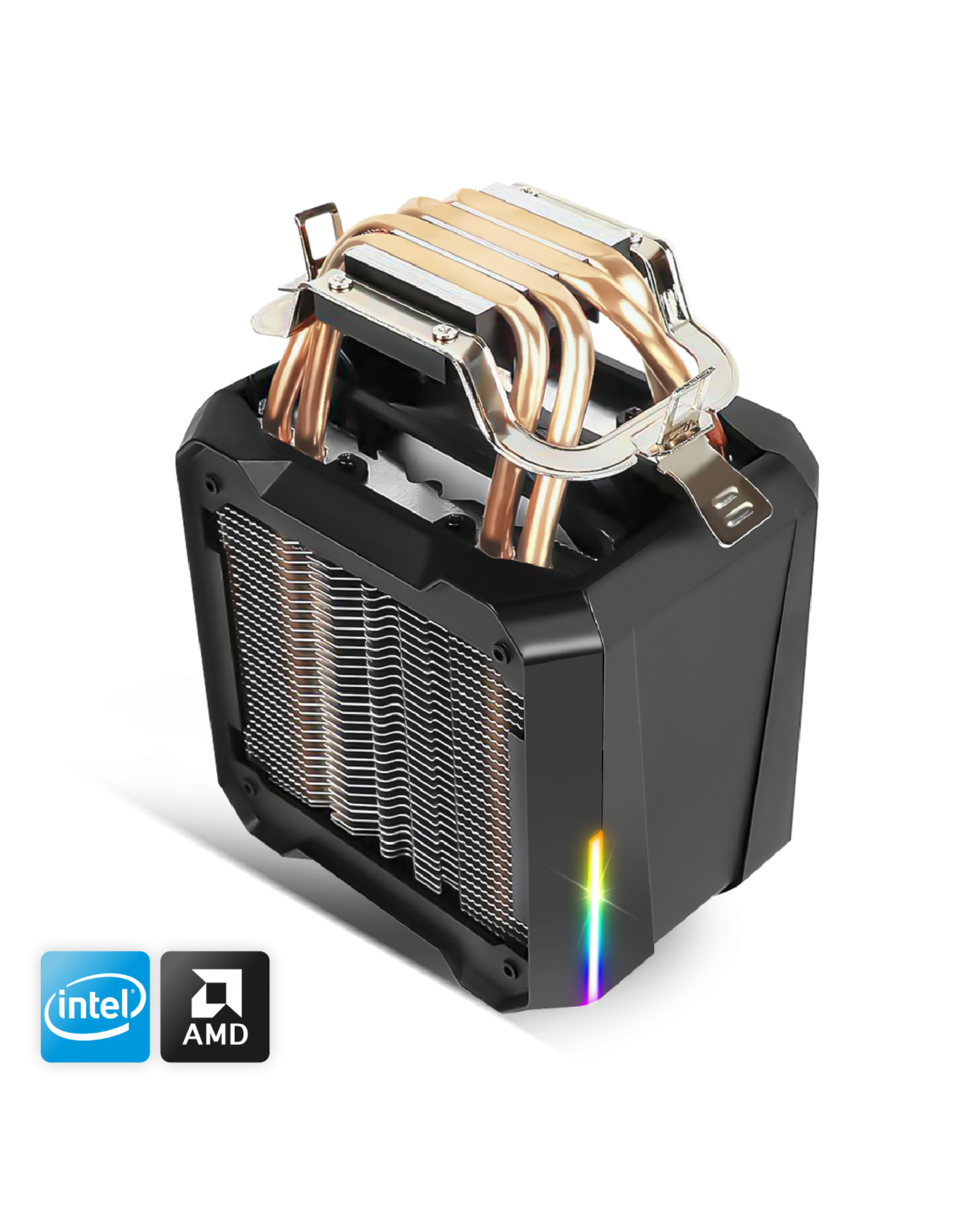Schwarzer CPU-Kühler mit Kupfer-Heatpipes. Enthält Intel- und AMD-Logos. Schwarz-Silber-Design.