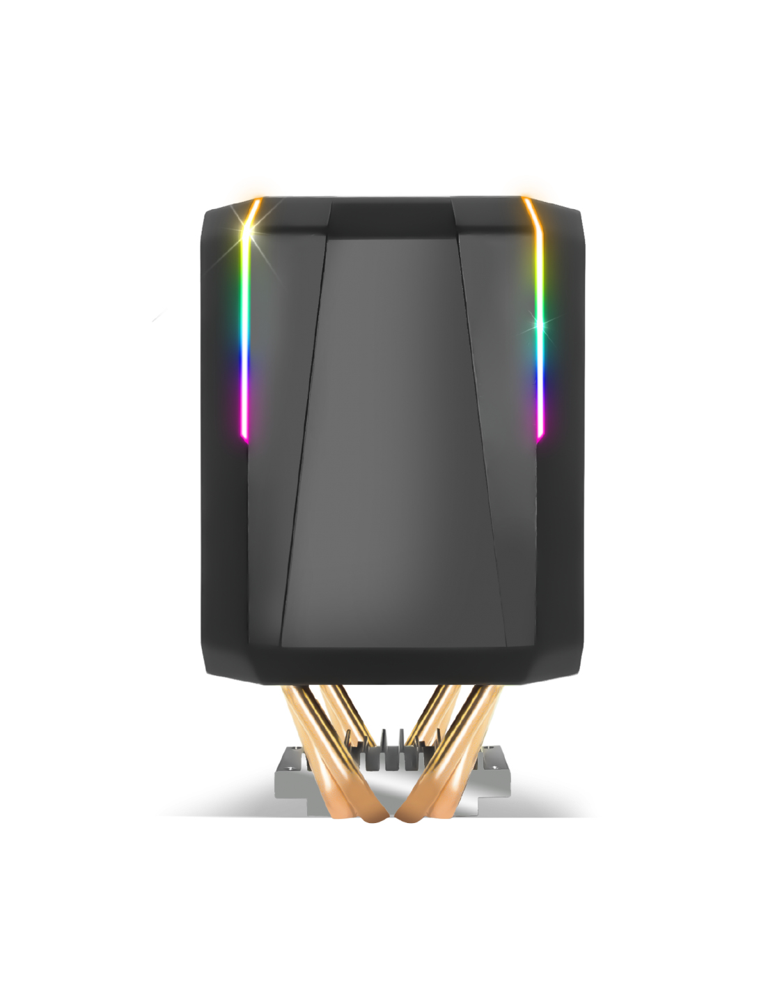 Schwarzer CPU-Kühler mit RGB-Beleuchtung. Kupfer-Heatpipes und ein schwarzes Gehäuse.