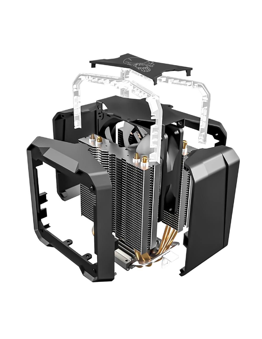 Explosionsansicht eines CPU-Kühlers, die Komponenten zeigt. Schwarze und silberne Elemente.