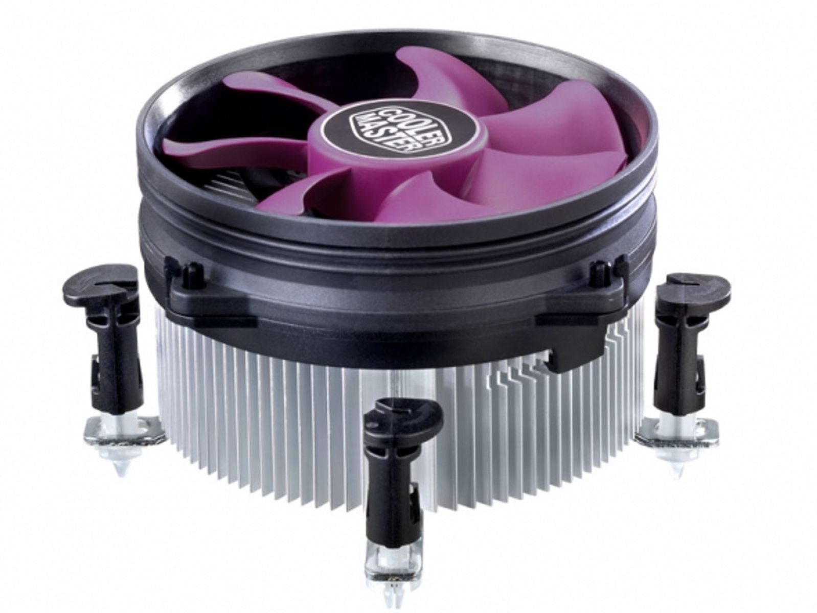Cooler Master CPU-Kühler mit lila Lüfterblättern und schwarzem Gehäuse. Weißer Hintergrund.