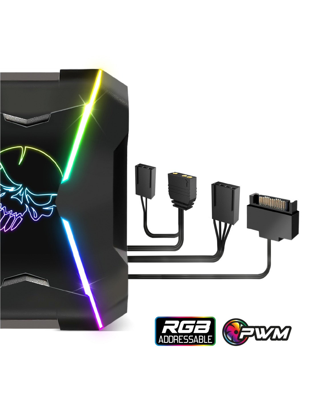 Schwarzes Gerät mit RGB-Lichtern und Anschlüssen. Schädel-Design. Weißer Hintergrund.