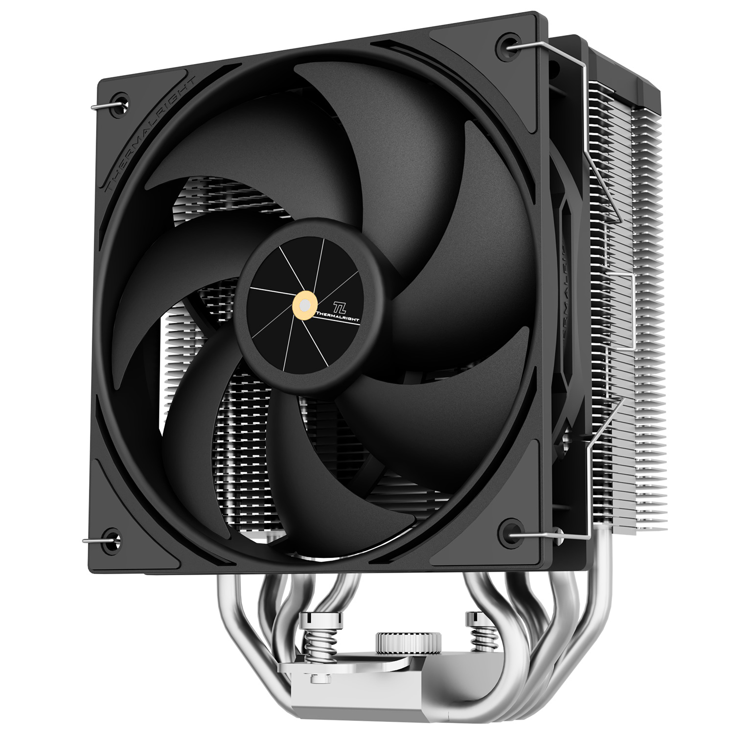 Siyah fanlı ve Thermalright logolu siyah CPU soğutucu. Beyaz zemin.