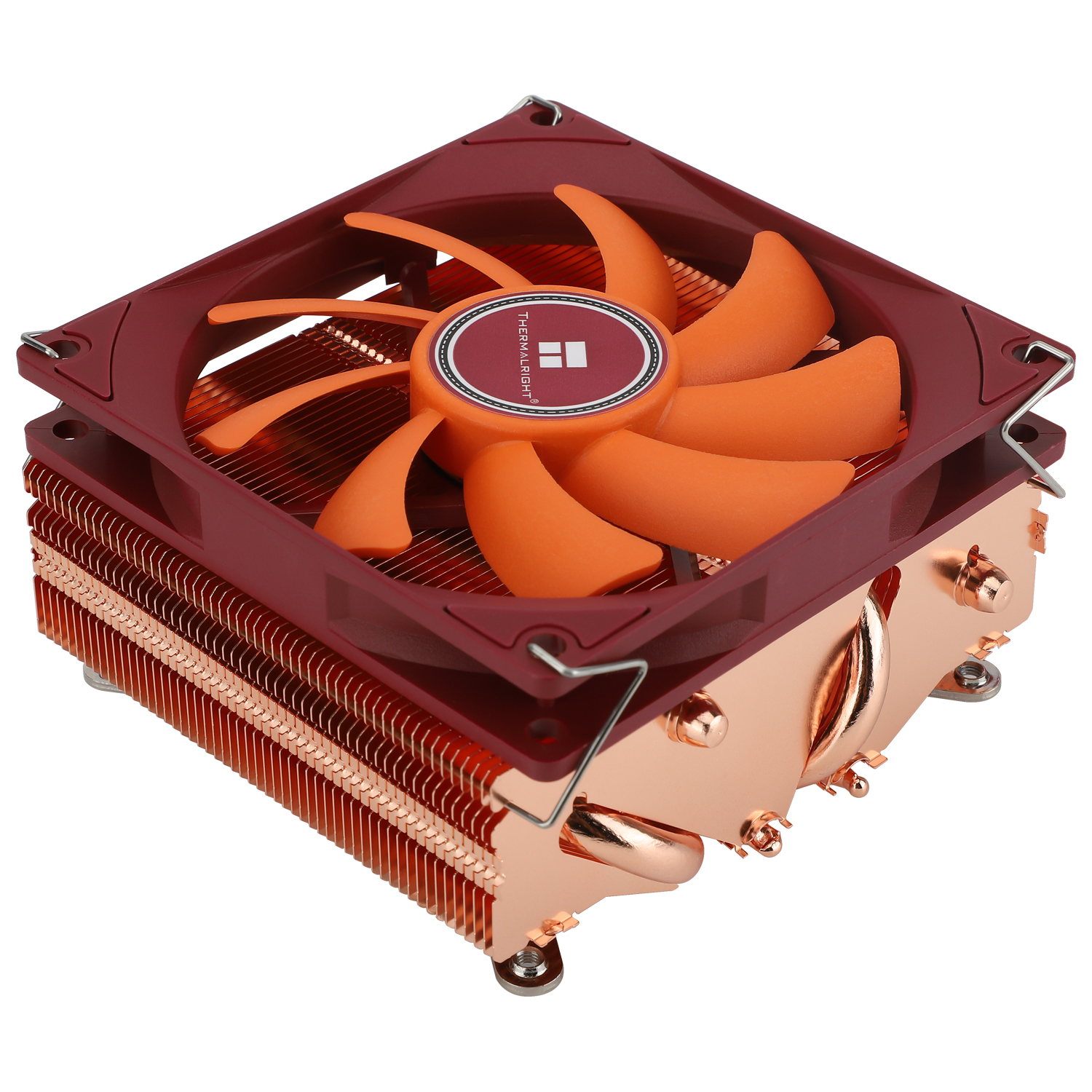 Kırmızı CPU soğutucu, bakır ve turuncu fan. Beyaz zemin.