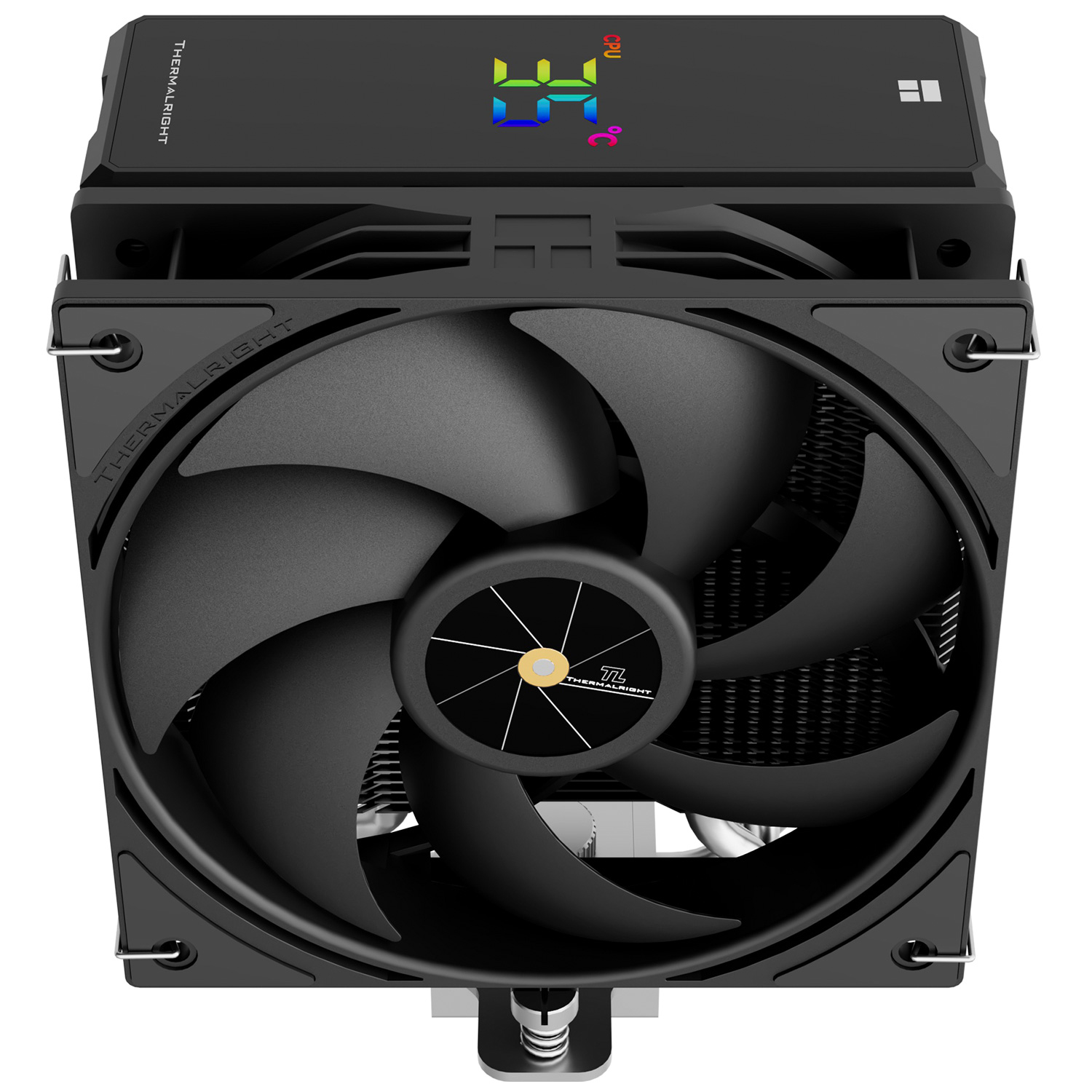 Siyah fanlı ve dijital ekranlı siyah CPU soğutucu. Beyaz zemin.