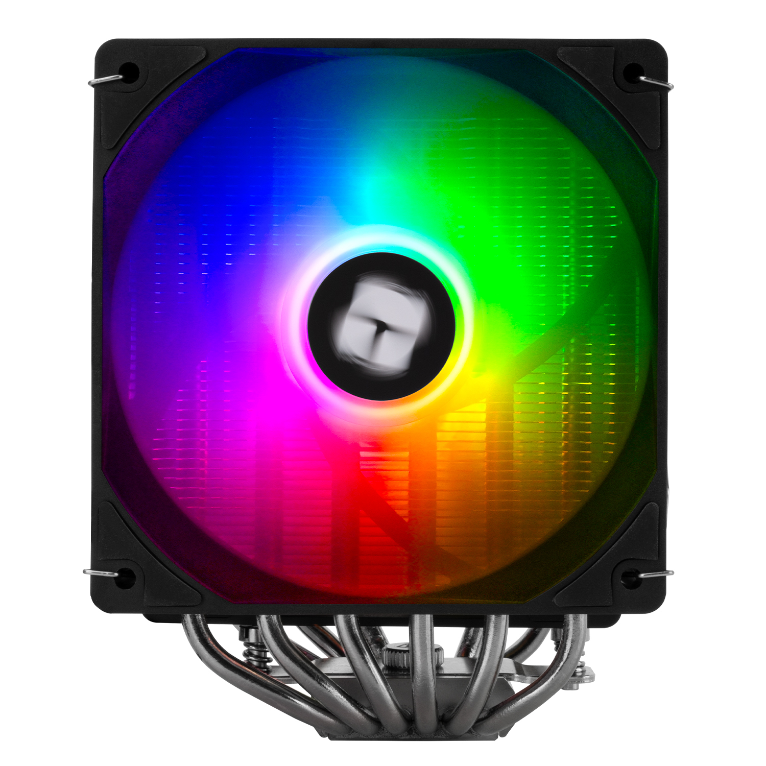 Gökkuşağı fanlı siyah CPU soğutucu. Beyaz zemin.