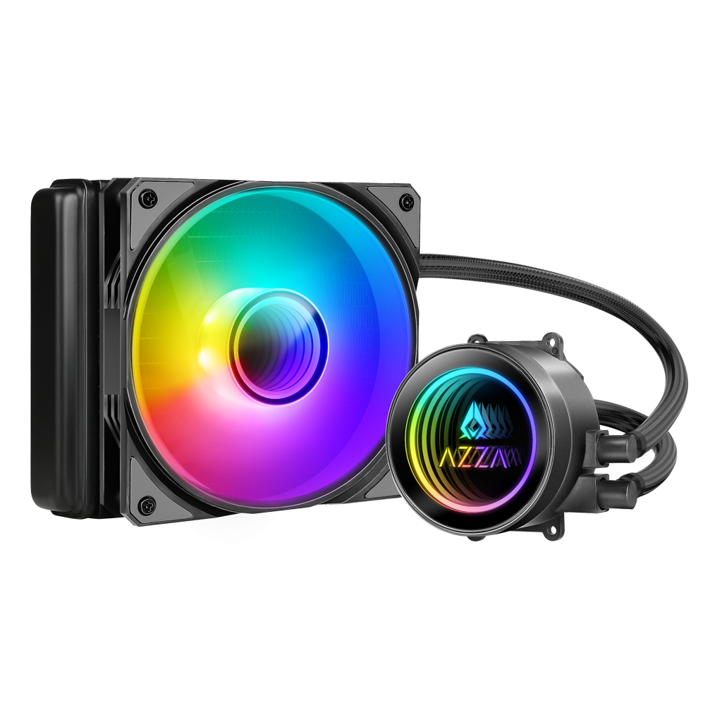 Dissipatore ad acqua nero con ventola arcobaleno e pompa. Sfondo bianco.