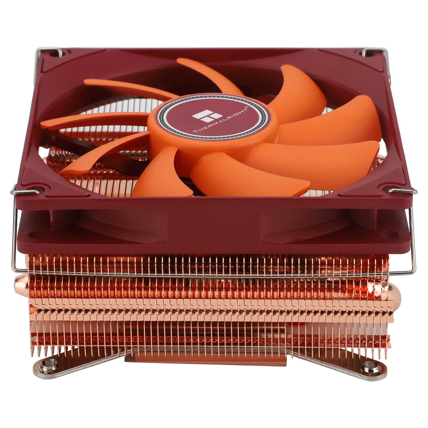 Kırmızı CPU soğutucu, turuncu fan ve bakır soğutucu, beyaz zemin üzerinde.