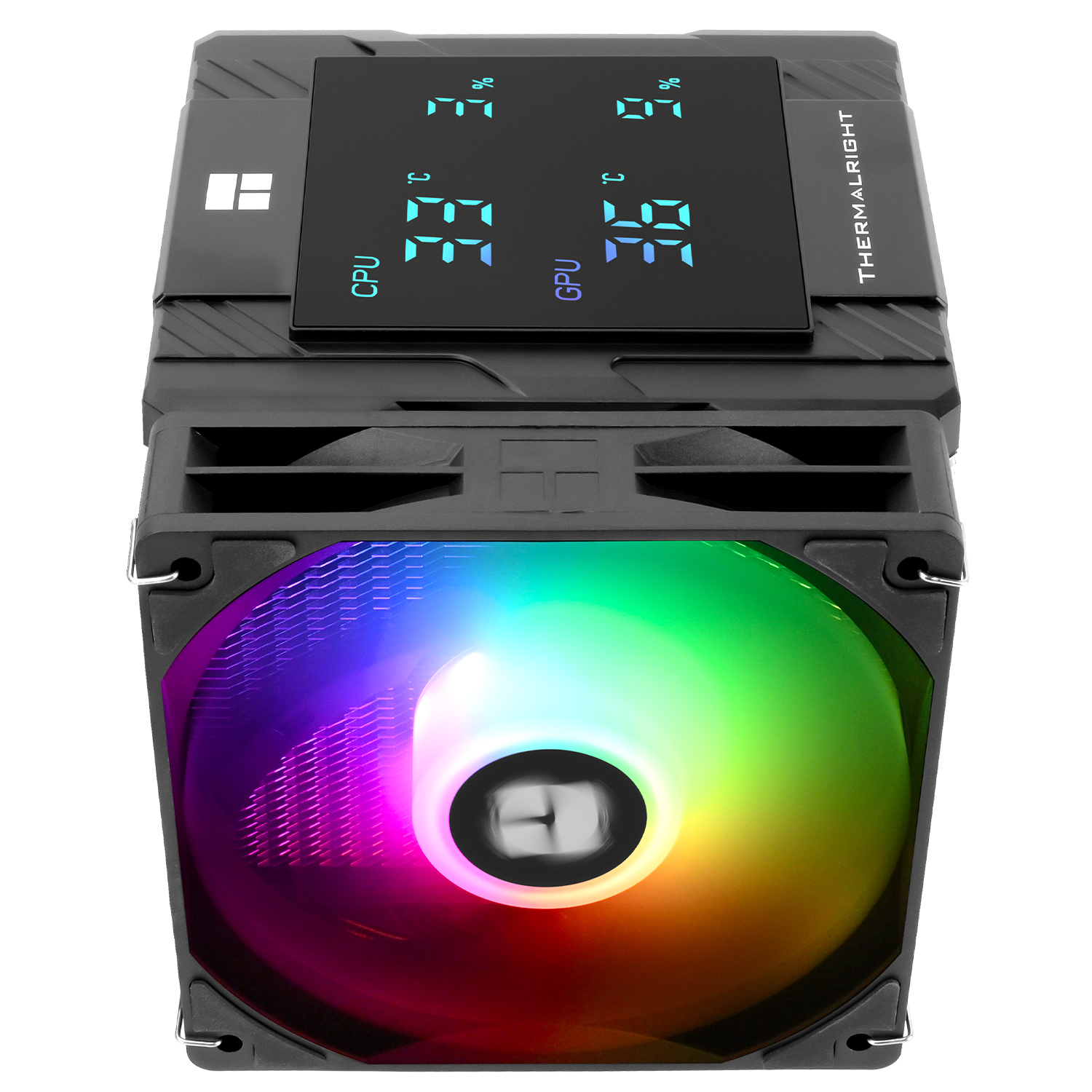 CPU soğutucu, CPU/GPU sıcaklıkları gösteren dijital ekran ve RGB aydınlatmalı fan.