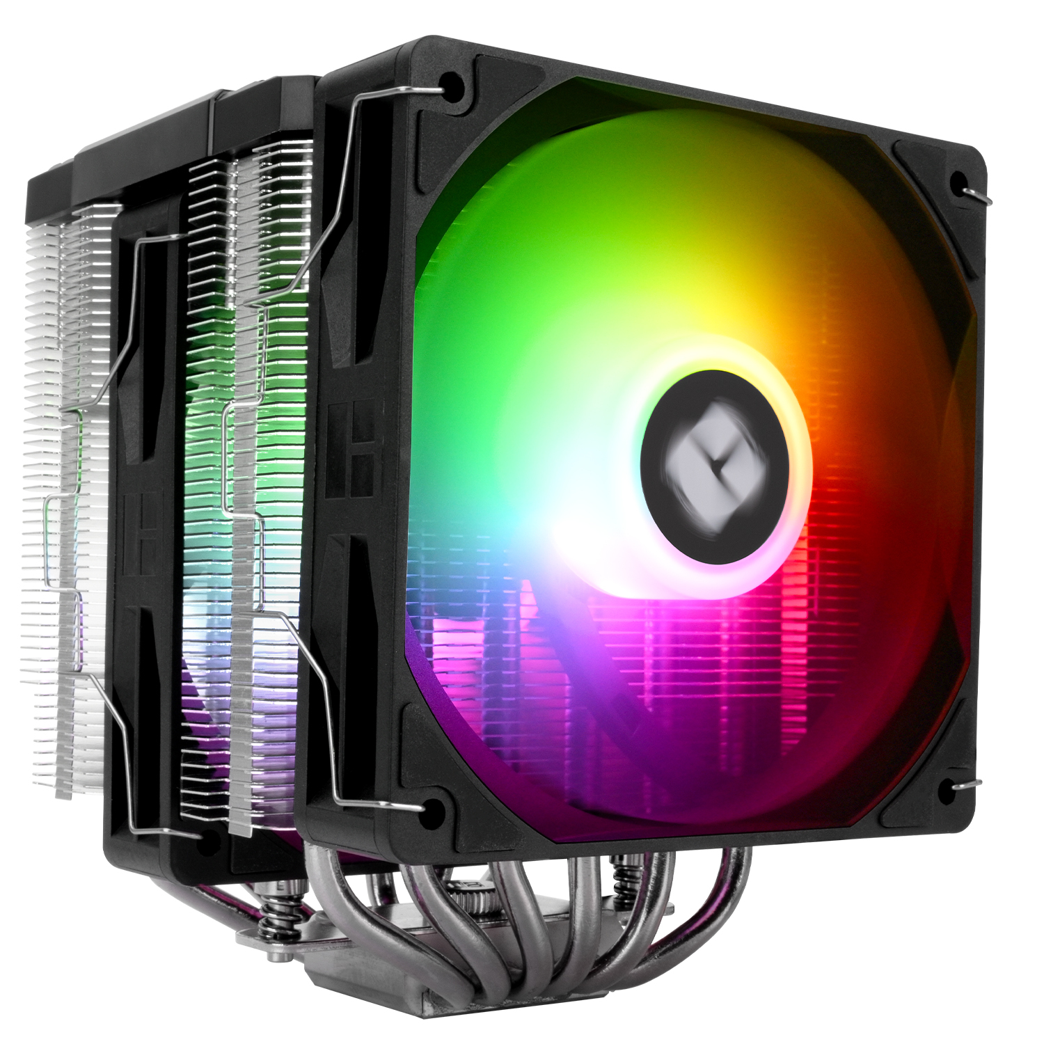 Siyah CPU soğutucu, RGB fanlı, gümüş soğutuculu ve siyah çerçeveli.