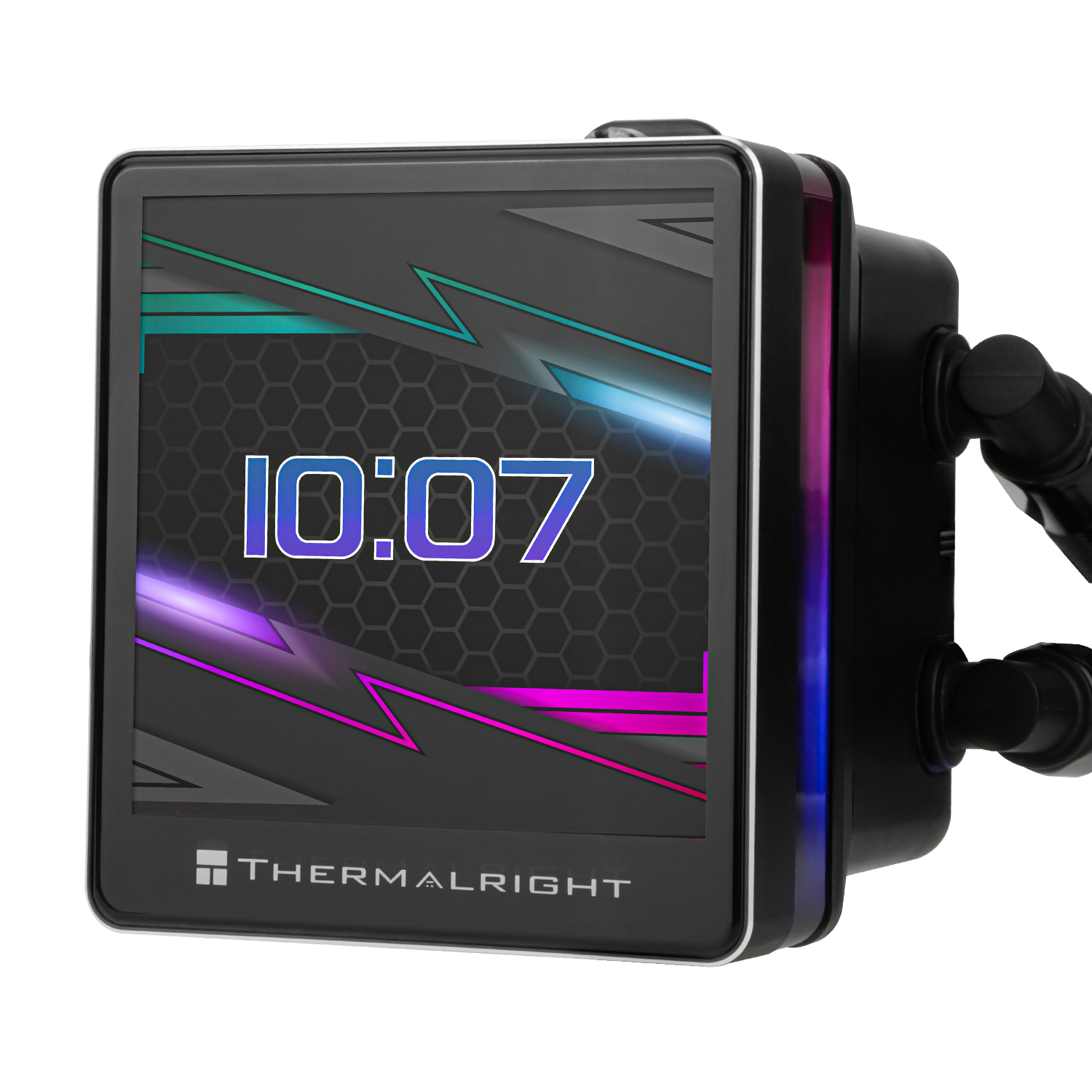 Primer plano de pantalla de enfriador líquido negro, mostrando hora y gráfico.