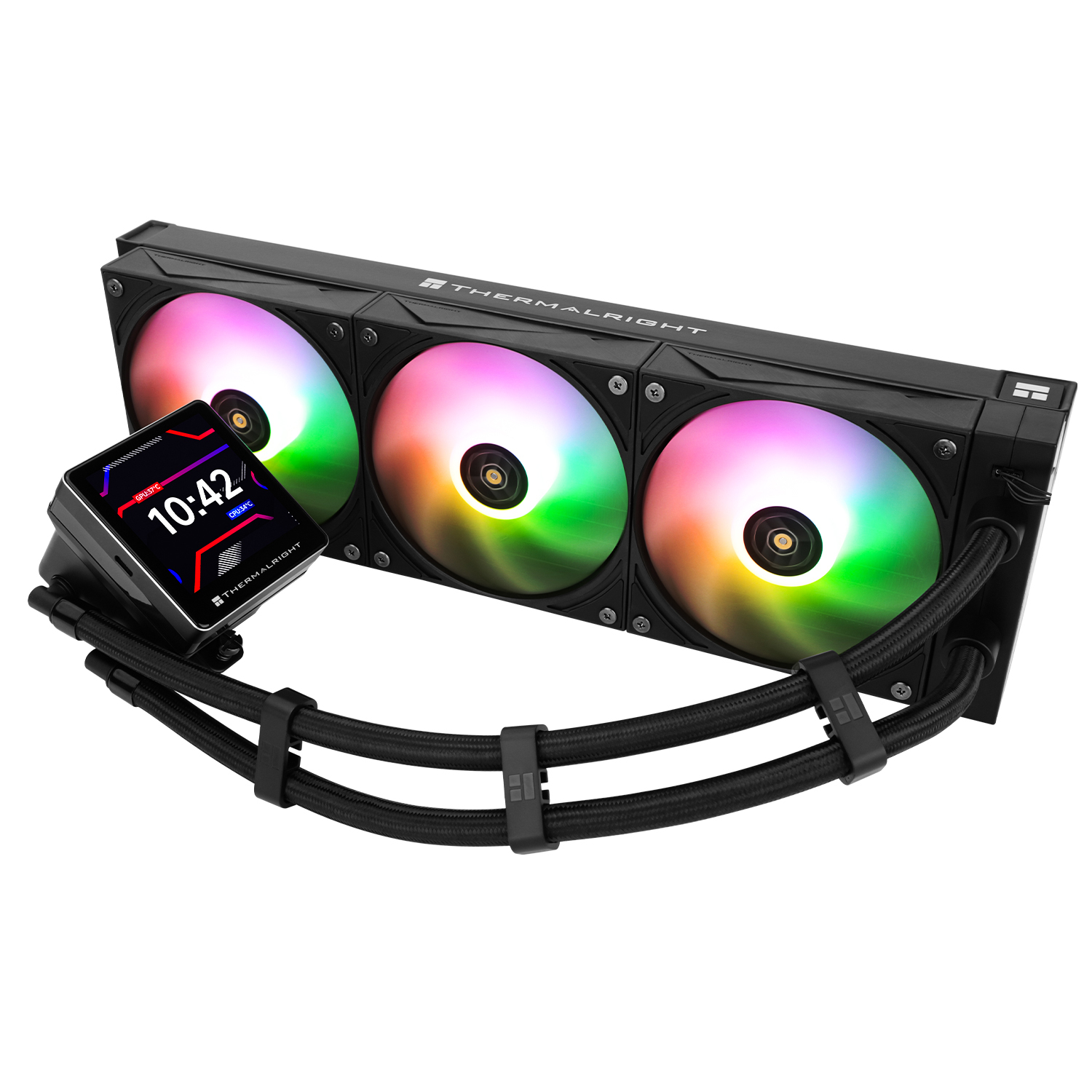 Enfriador líquido negro con tres ventiladores RGB, pantalla con hora y datos.