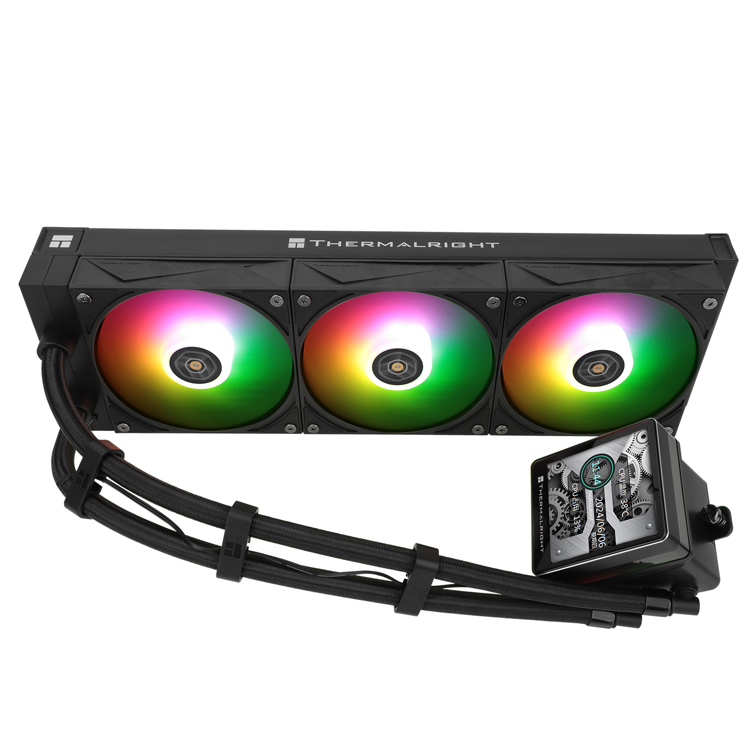 Enfriador líquido para computadora con tres ventiladores RGB y pantalla de datos.