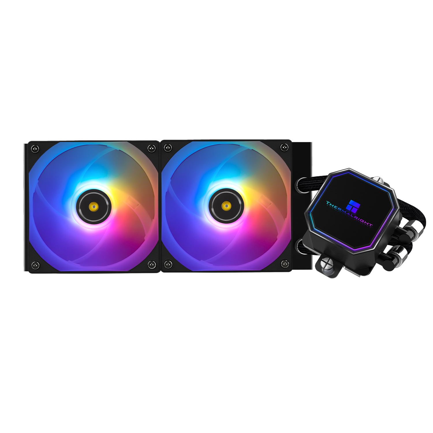 İki RGB fanlı ve Thermalright pompa bloklu siyah bir su soğutma sistemi.