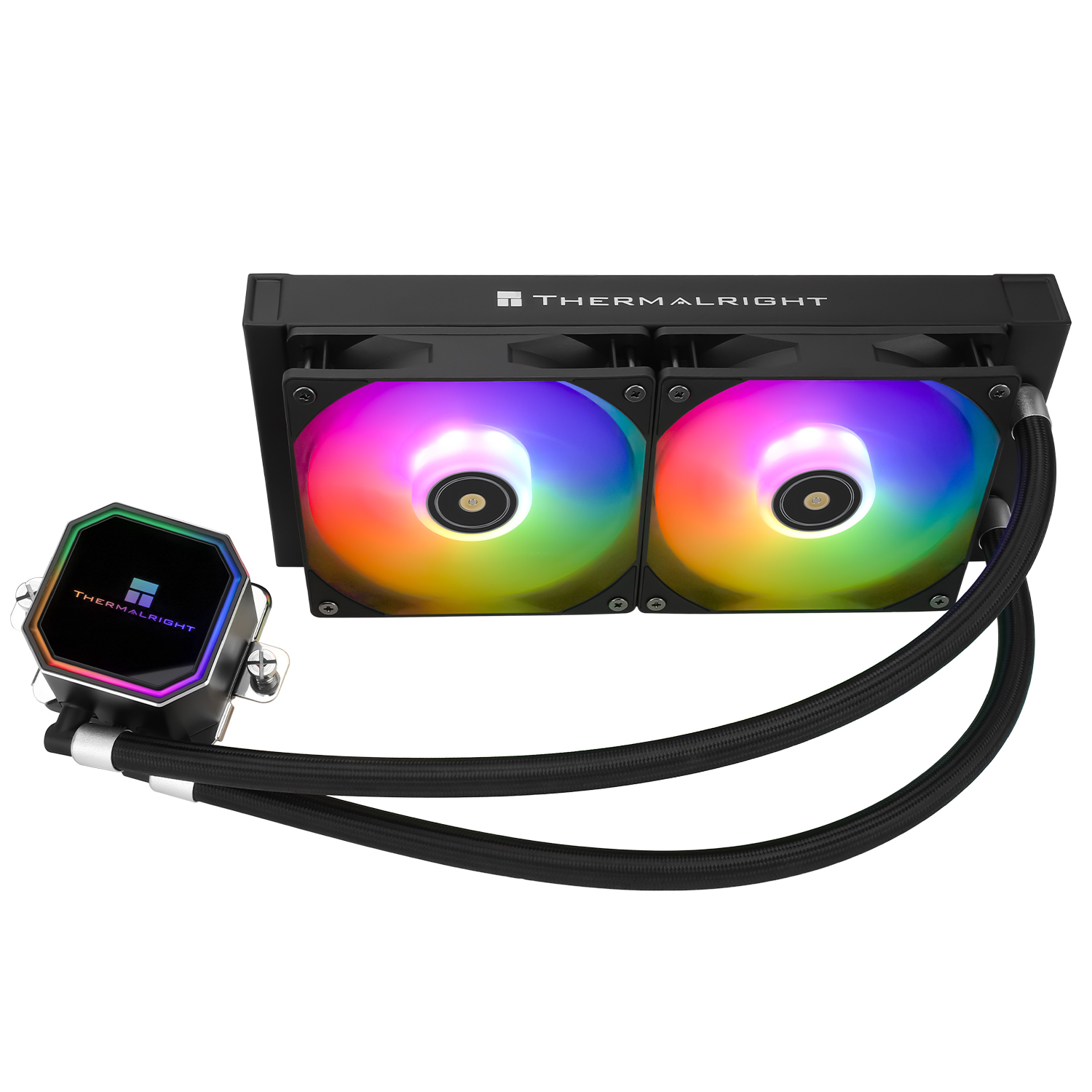 İki RGB fanlı ve Thermalright pompa bloklu siyah bir su soğutma sistemi.