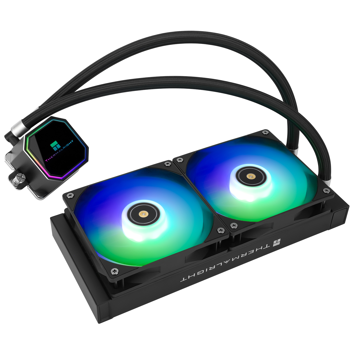 İki RGB fanlı, borulu ve Thermalright pompa bloklu bir su soğutma sistemi.