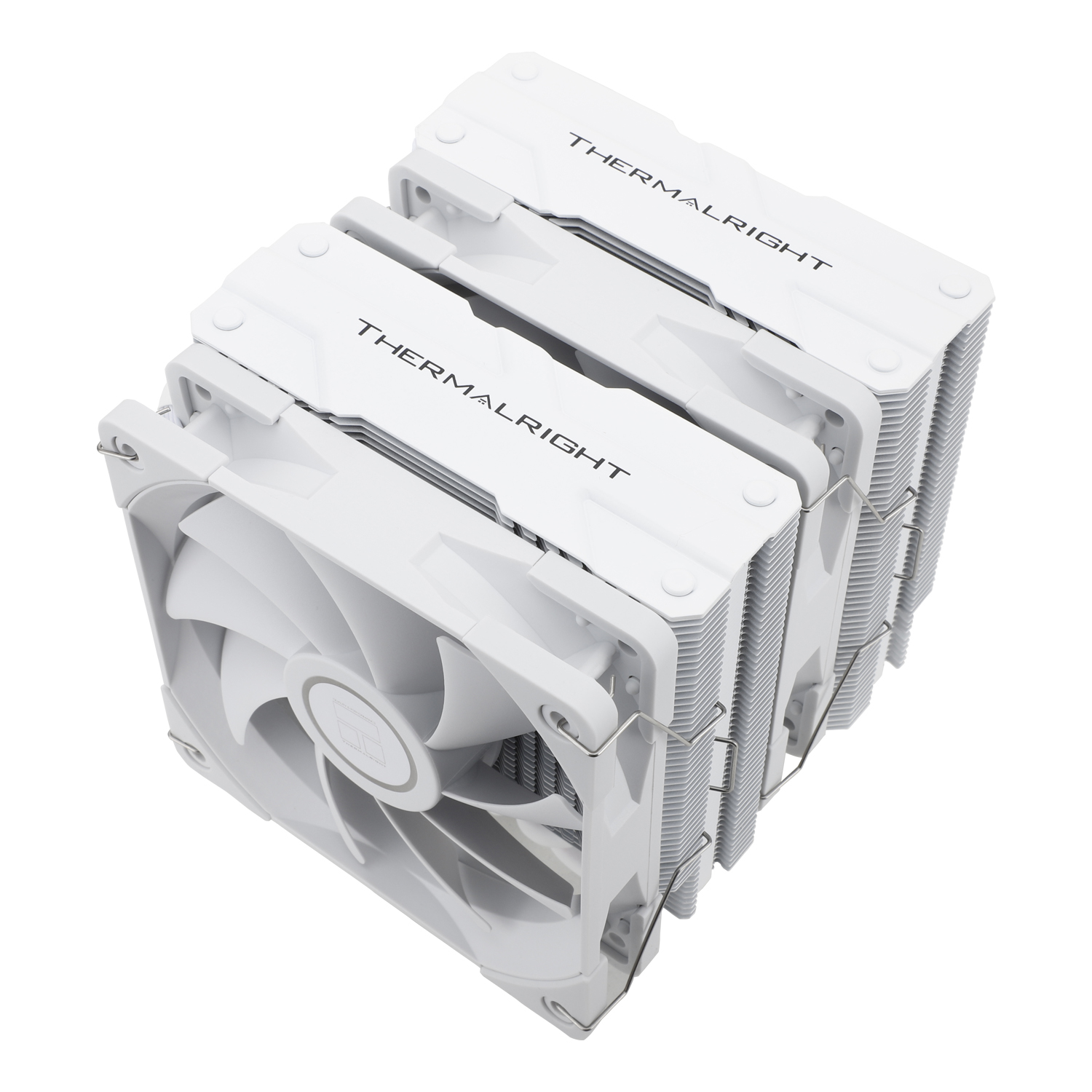 Beyaz fanlı beyaz bir CPU soğutucusu ve üstte 'THERMALRIGHT' yazısı.