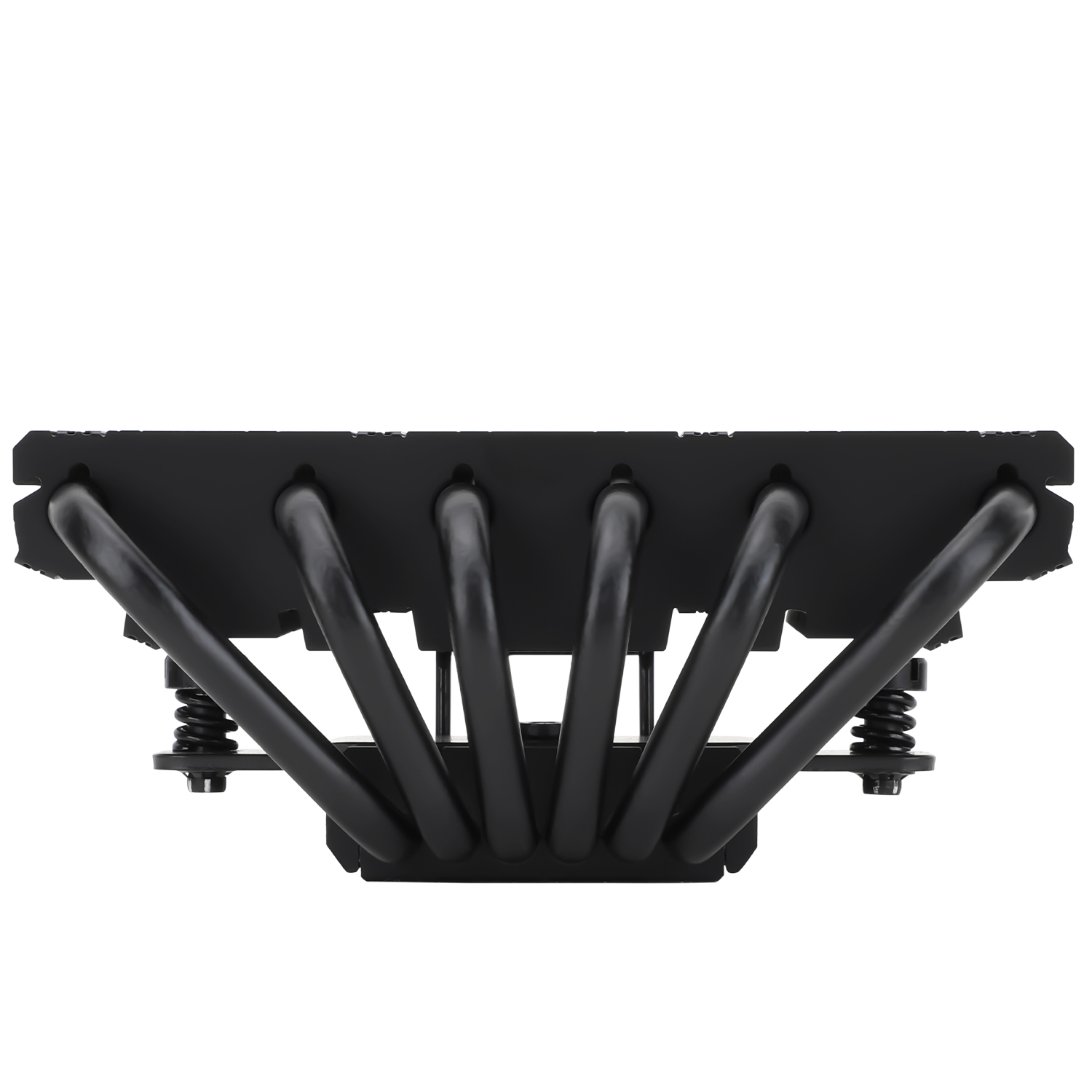 Black CPU cooler with six pipes. The cooler is in a close up shot. White background.