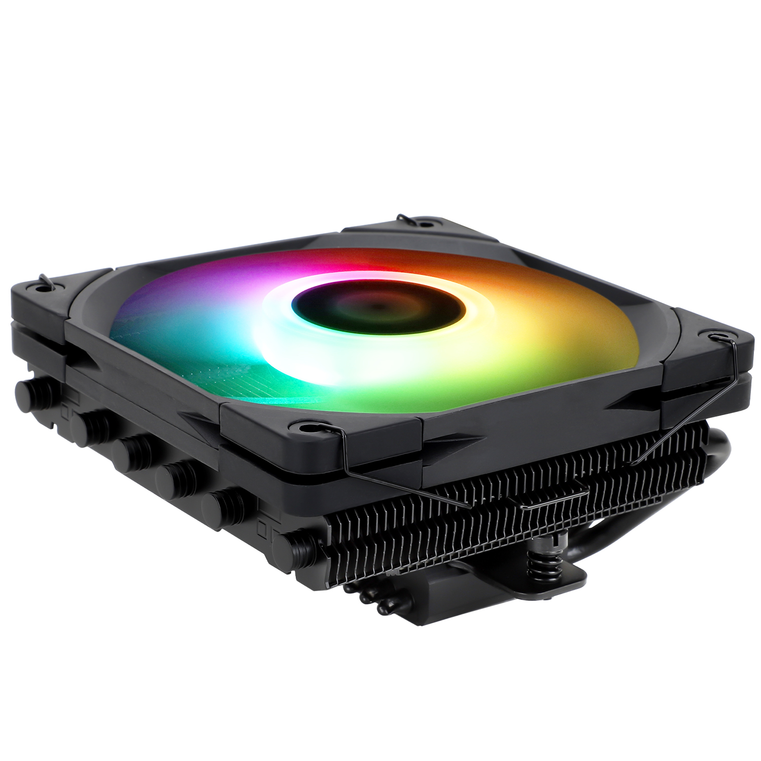 Black CPU cooler with a rainbow fan. It has many fins and a black frame. White background.