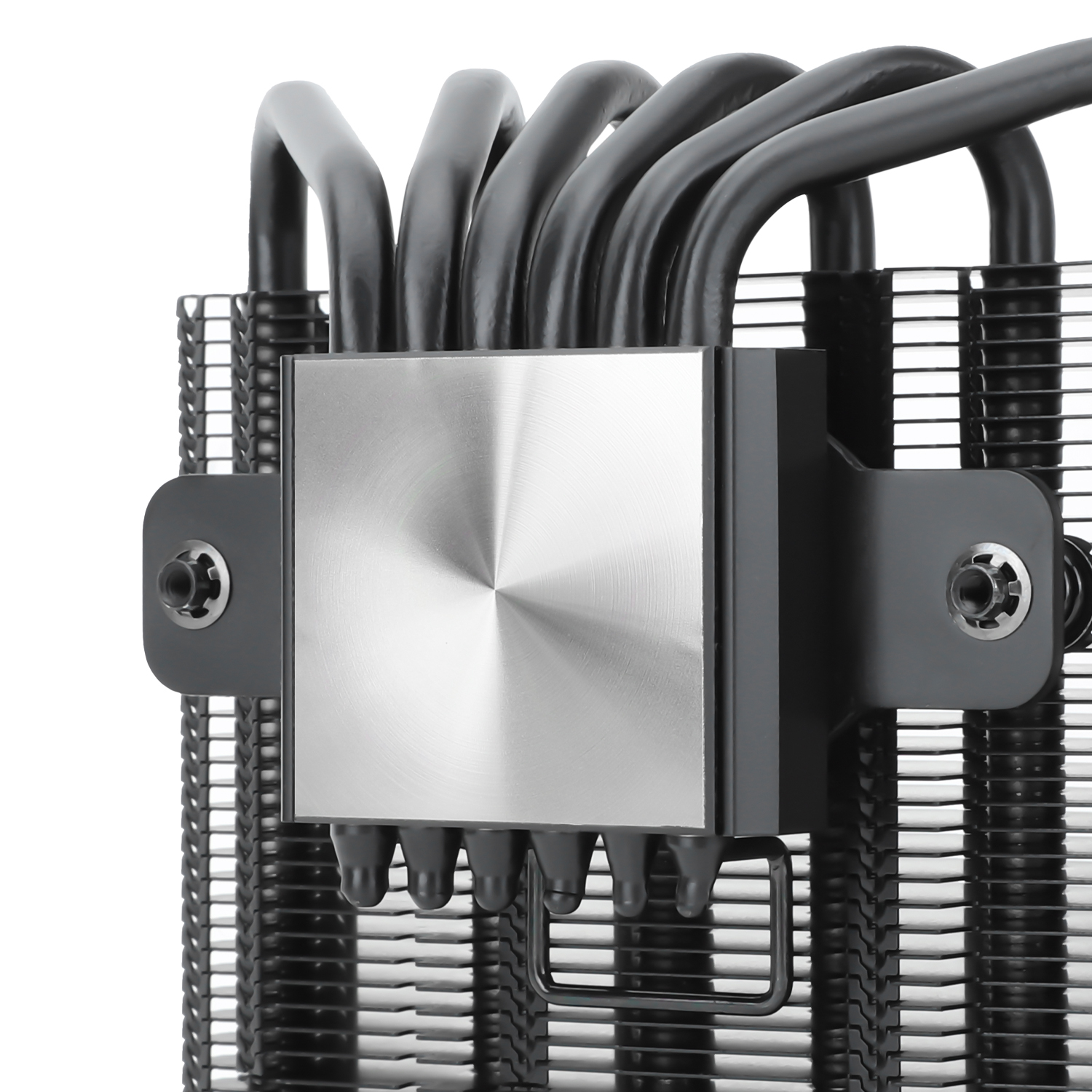 A close-up of a CPU cooler with vertical fins and a black top.