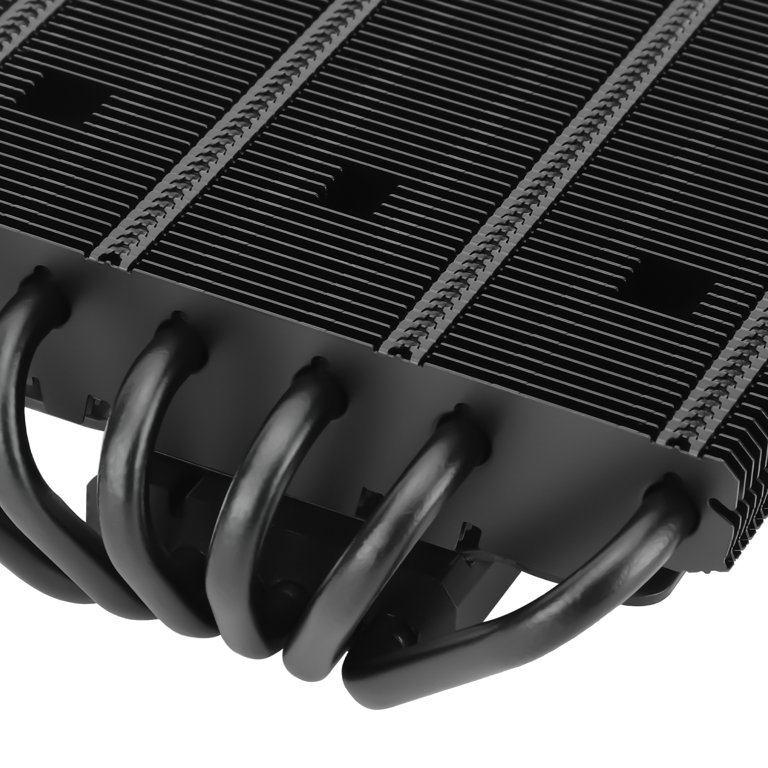 Close up of black CPU cooler with fins. The cooler is in a close up shot. White background.