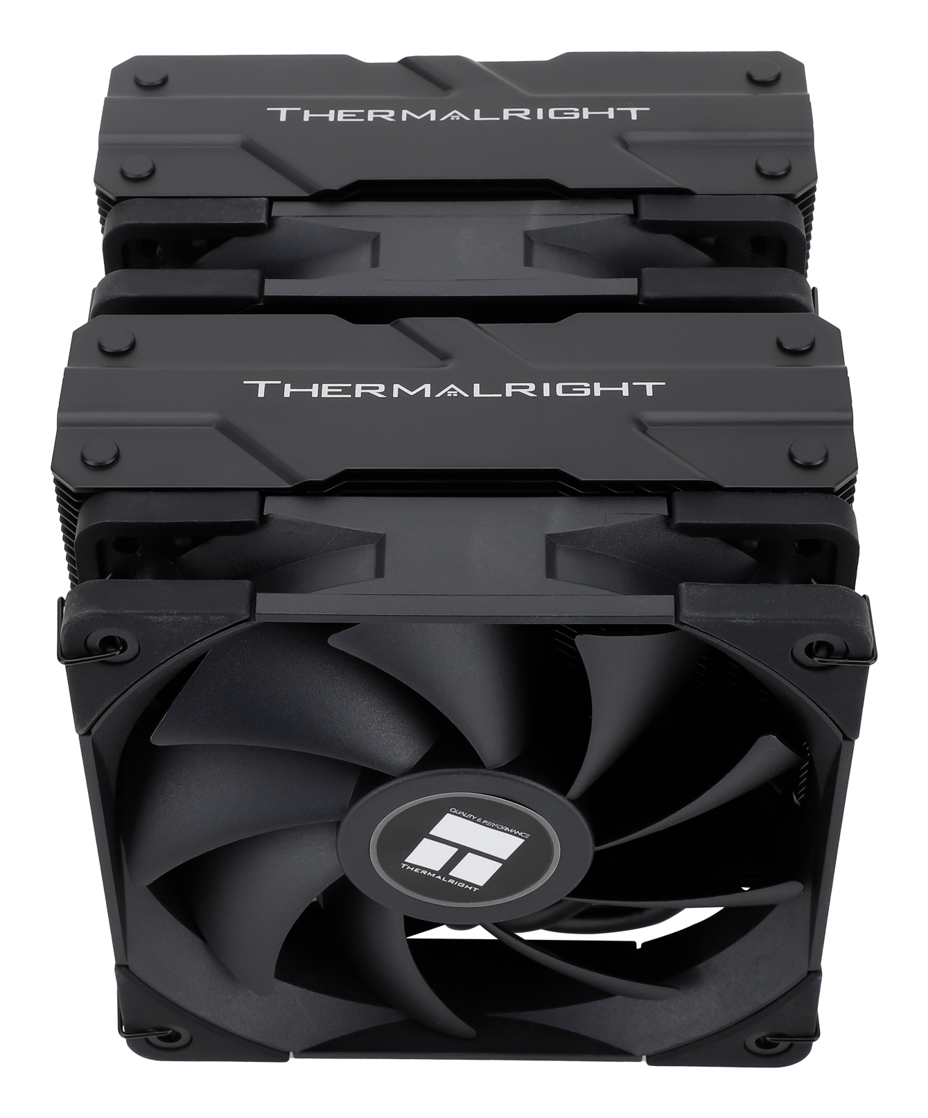 Schwarzer CPU-Kühler mit Lüfter und Lamellen, mit THERMALRIGHT oben. Der Hintergrund ist weiß.