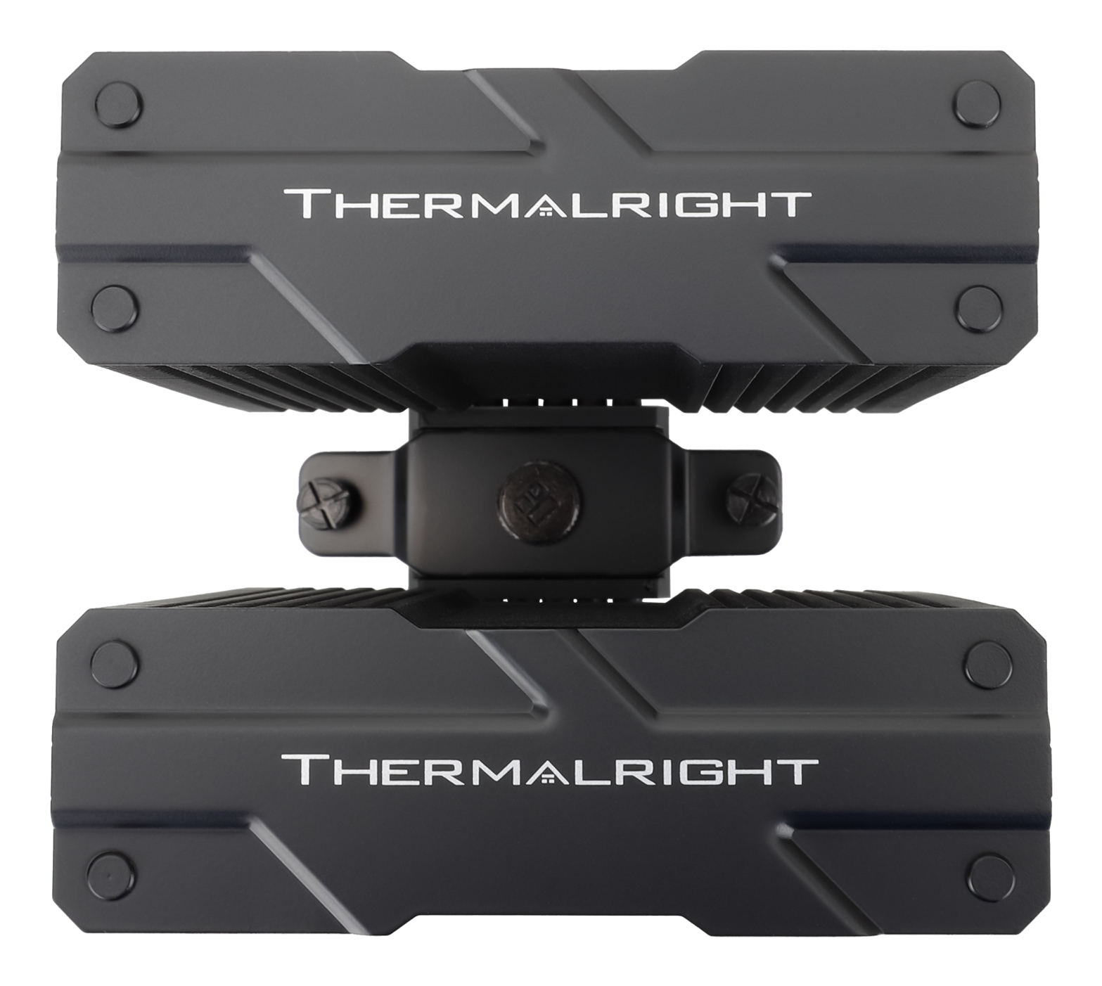 Schwarzer Thermalright CPU-Kühler. Zwei schwarze Blöcke mit THERMALRIGHT. Schwarze zentrale Halterung.